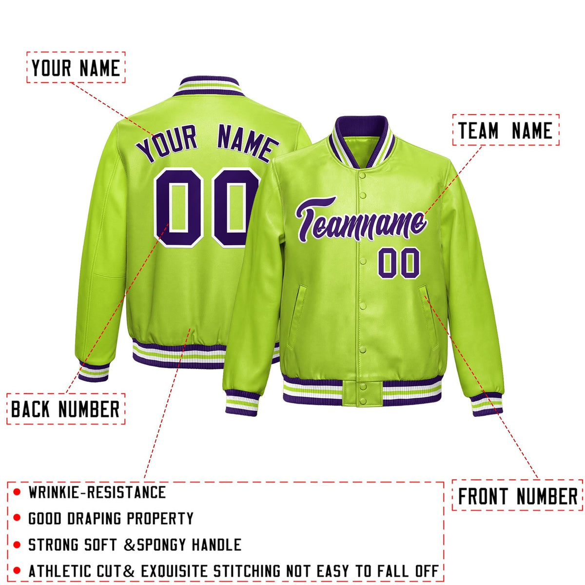 Custom Neon Green Purple Full-Snap Varsity Faux Leather Letterman Jacket| KXKSHOP