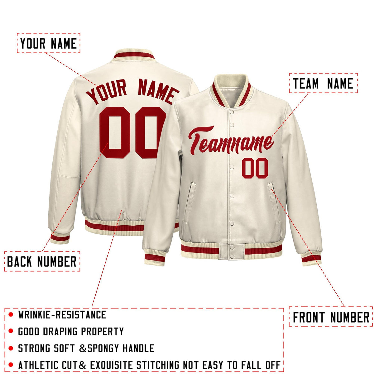 Custom Cream Red Full-Snap Varsity Faux Leather Letterman Jacket| KXKSHOP