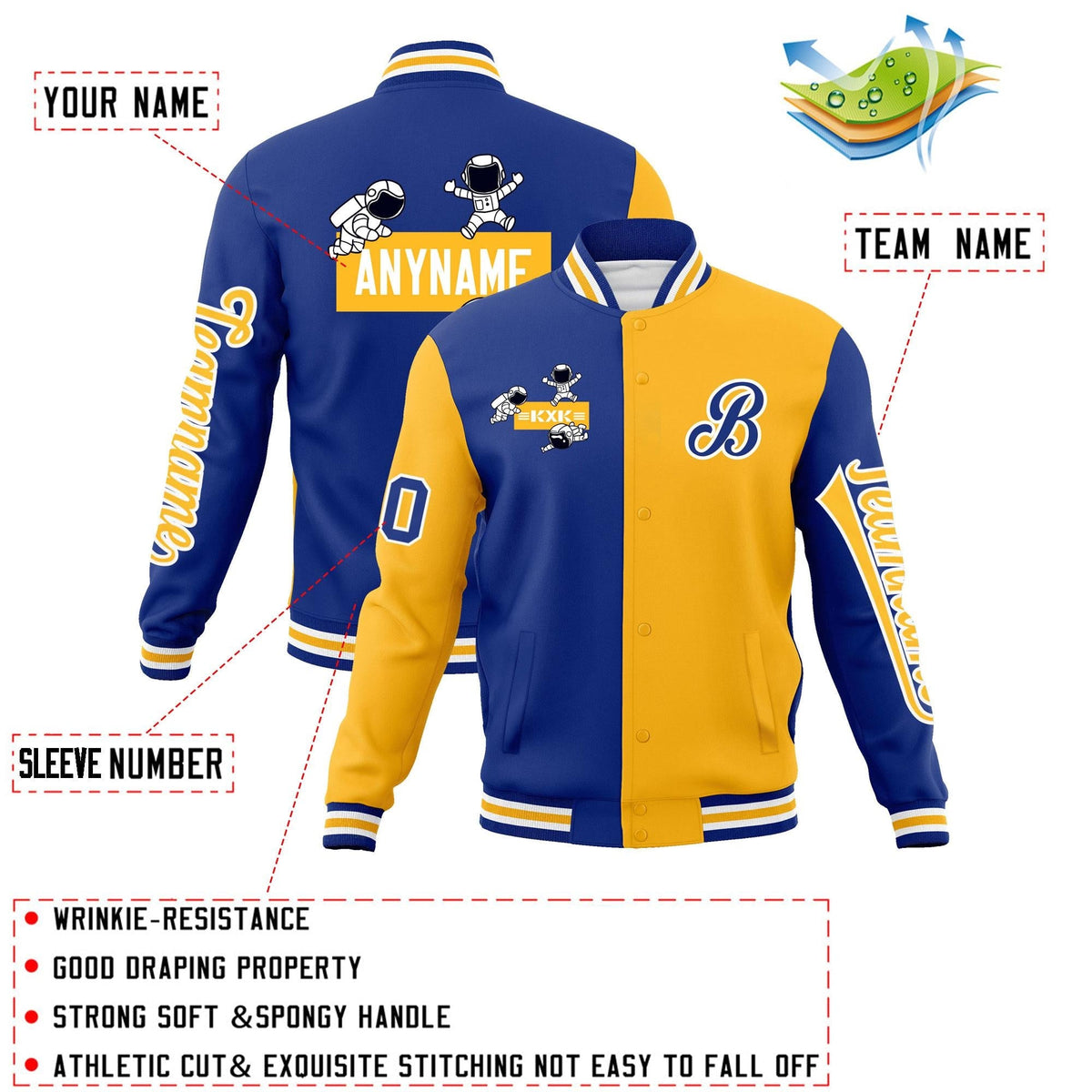 Custom Royal Gold Two Tone Split Fashion Varsity Letterman Jacket with Raglan Sleeves
