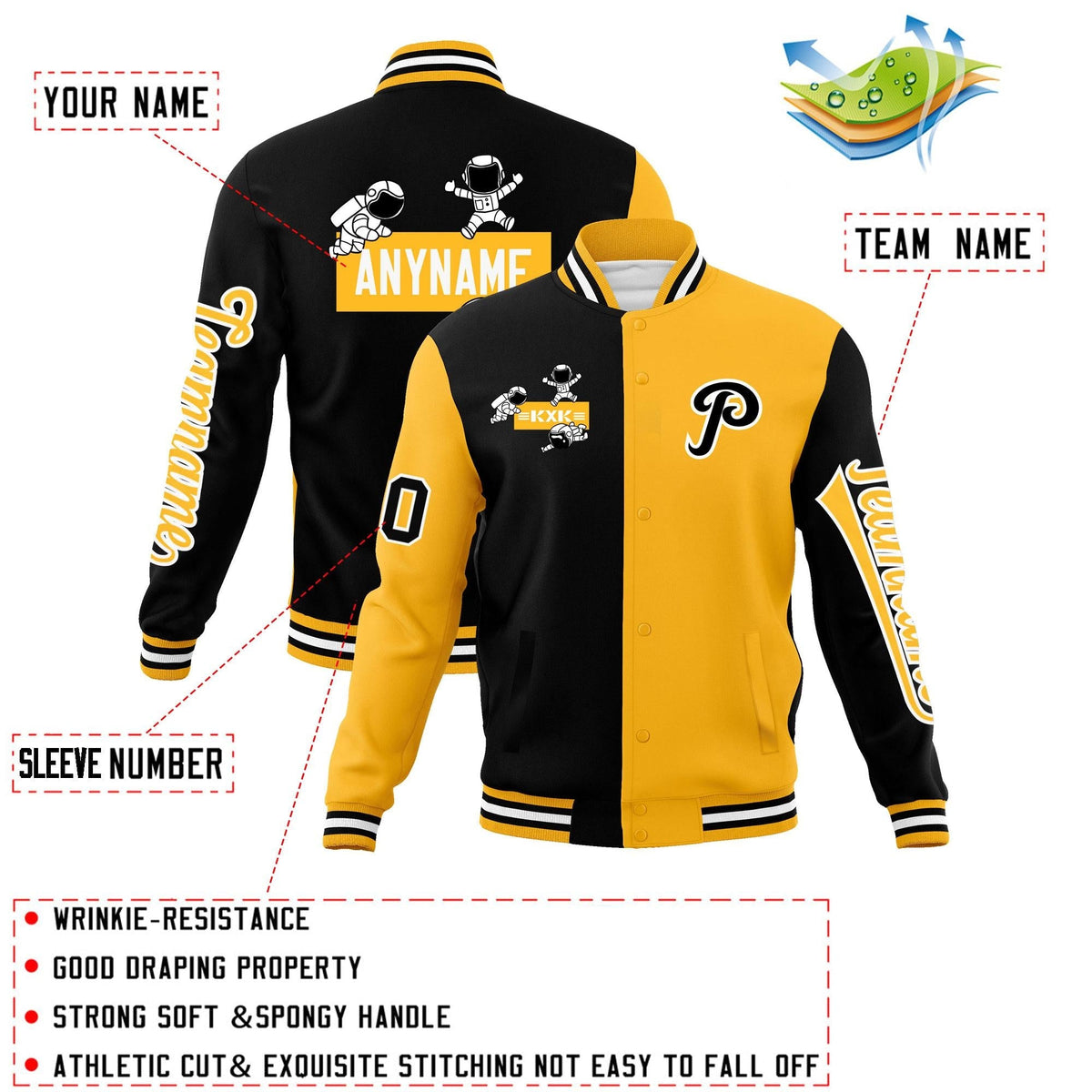 Custom Black Gold Two Tone Split Fashion Varsity Letterman Jacket with Raglan Sleeves