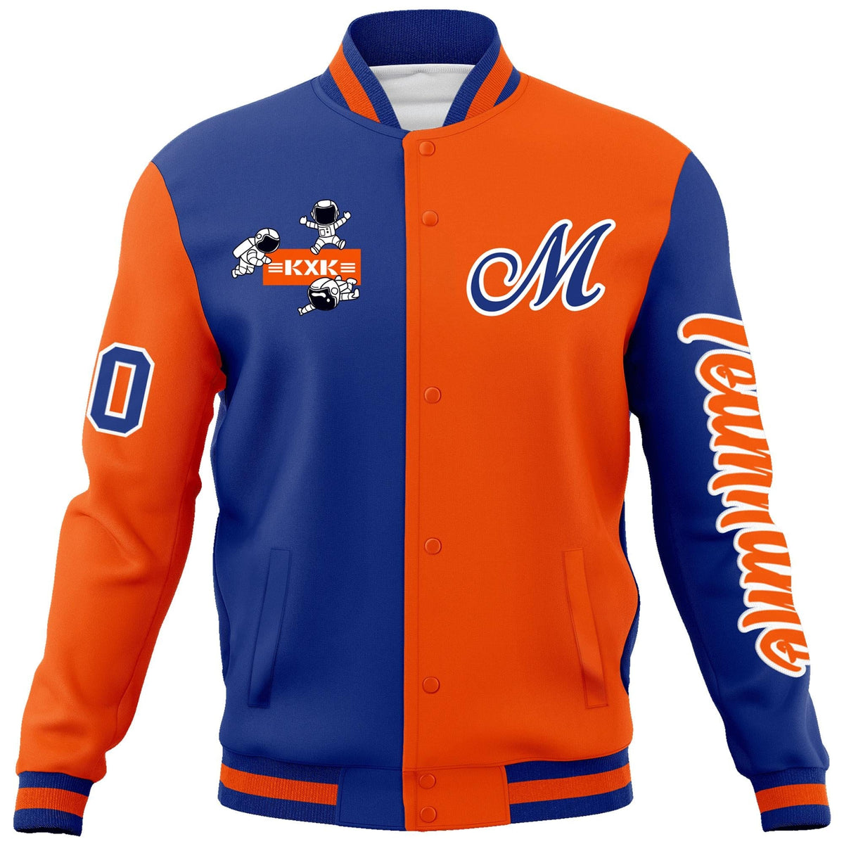 Custom Royal Orange Two Tone Split Fashion Varsity Letterman Jacket with Raglan Sleeves
