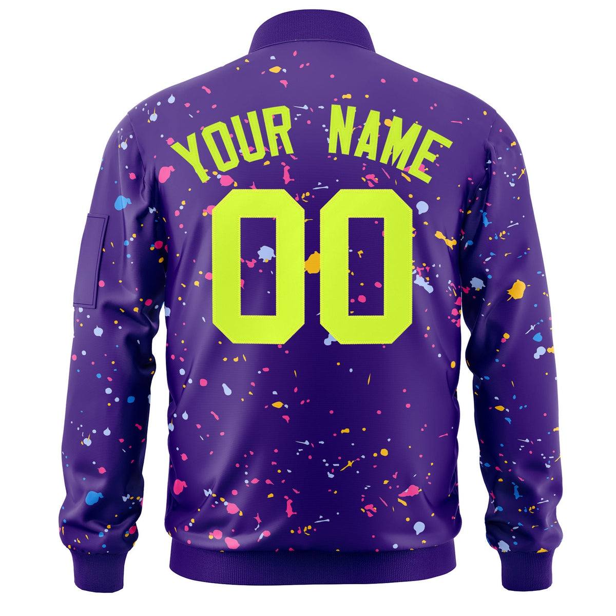 Custom Purple Neon Green Varsity Full-Zip Splash Graffiti Pattern Letterman Jacket