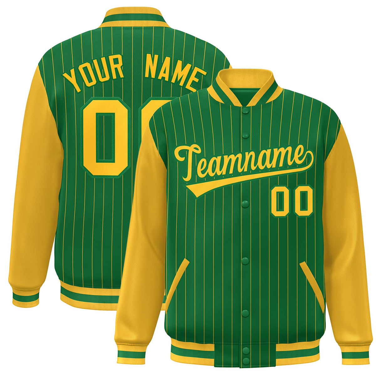 Custom Kelly Green Gold Stripe Fashion Bomber Varsity Jacket with Raglan Sleeves