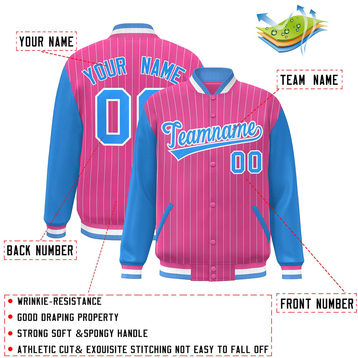 Custom Pink Powder Blue-White Stripe Fashion Bomber Varsity Jacket with Raglan Sleeves