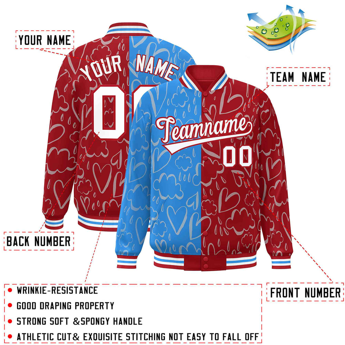 Custom Red Powder Blue-White Split Fashion Letterman Bomber Graffiti Pattern Baseball Jacket