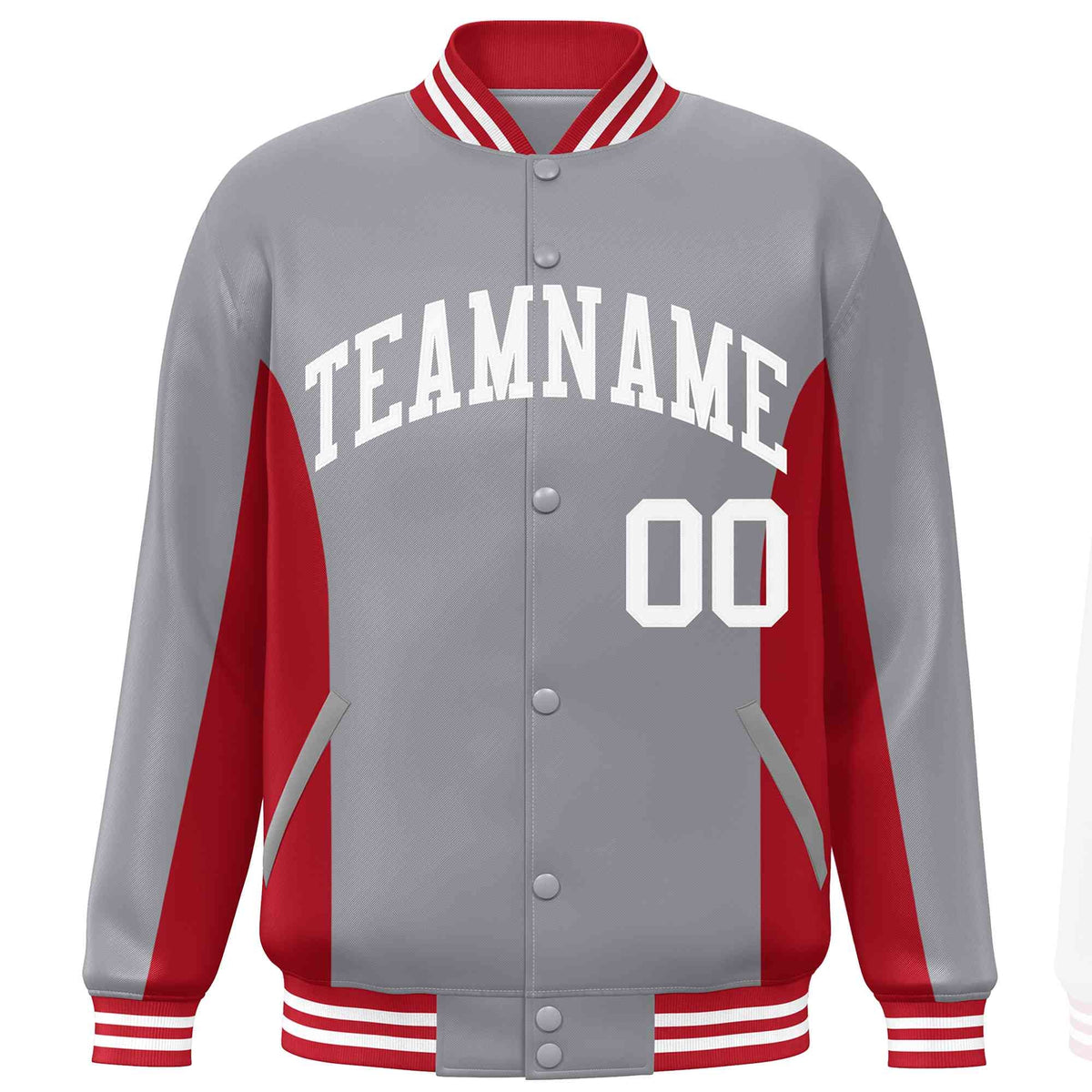Custom Gray Red-White Varsity Full-Snap Color Block Letterman Baseball Jacket