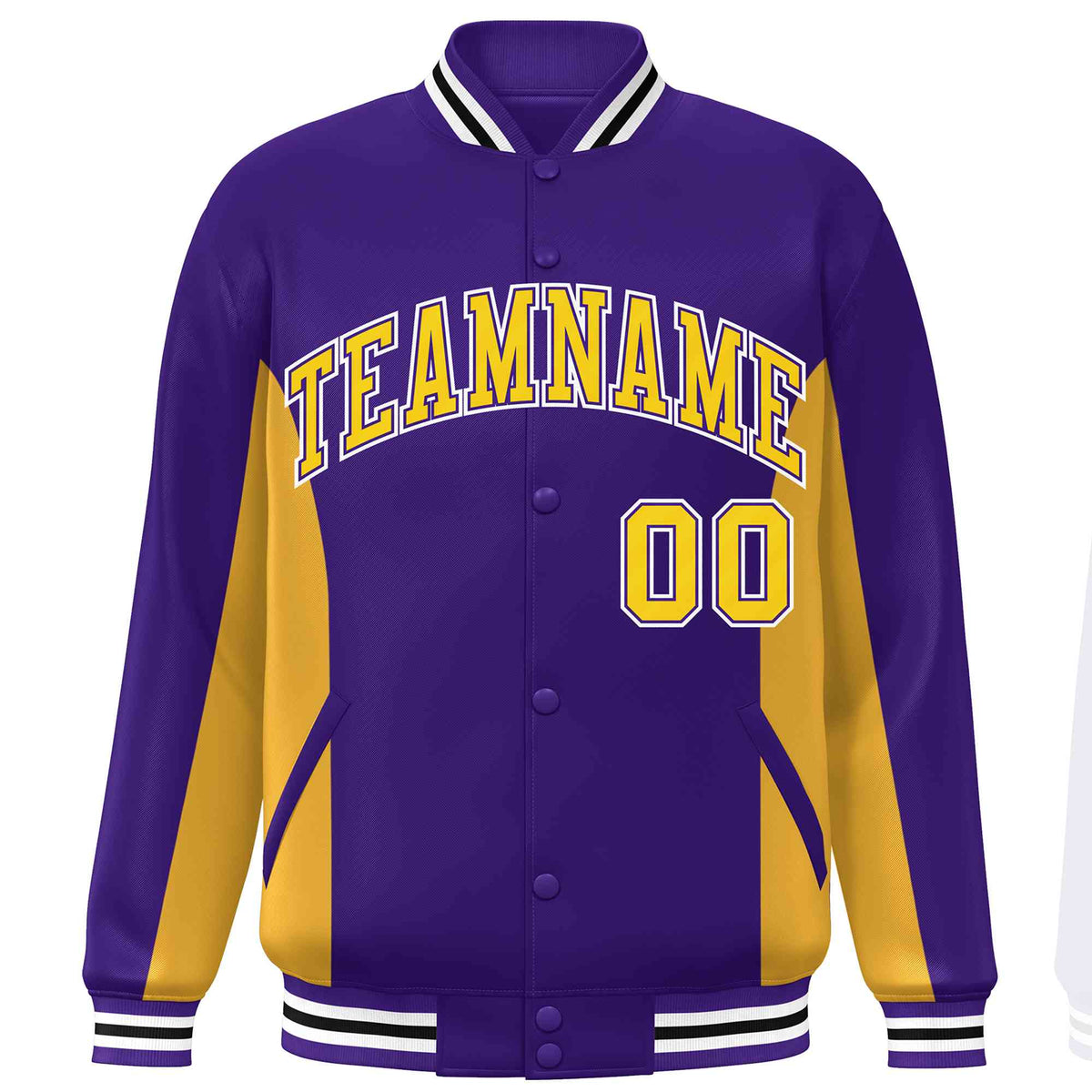 Custom Purple Gold Varsity Full-Snap Color Block Letterman Baseball Jacket