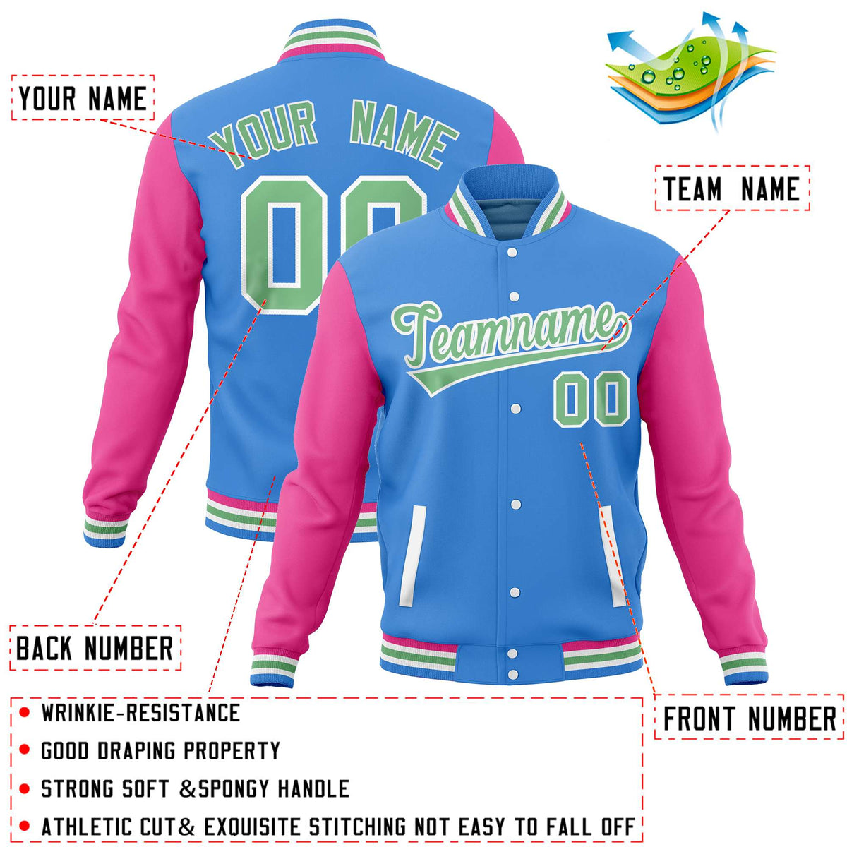 Custom Powder Blue Pink Varsity Full-Snap Raglan Sleeves Letterman Baseball Jacket