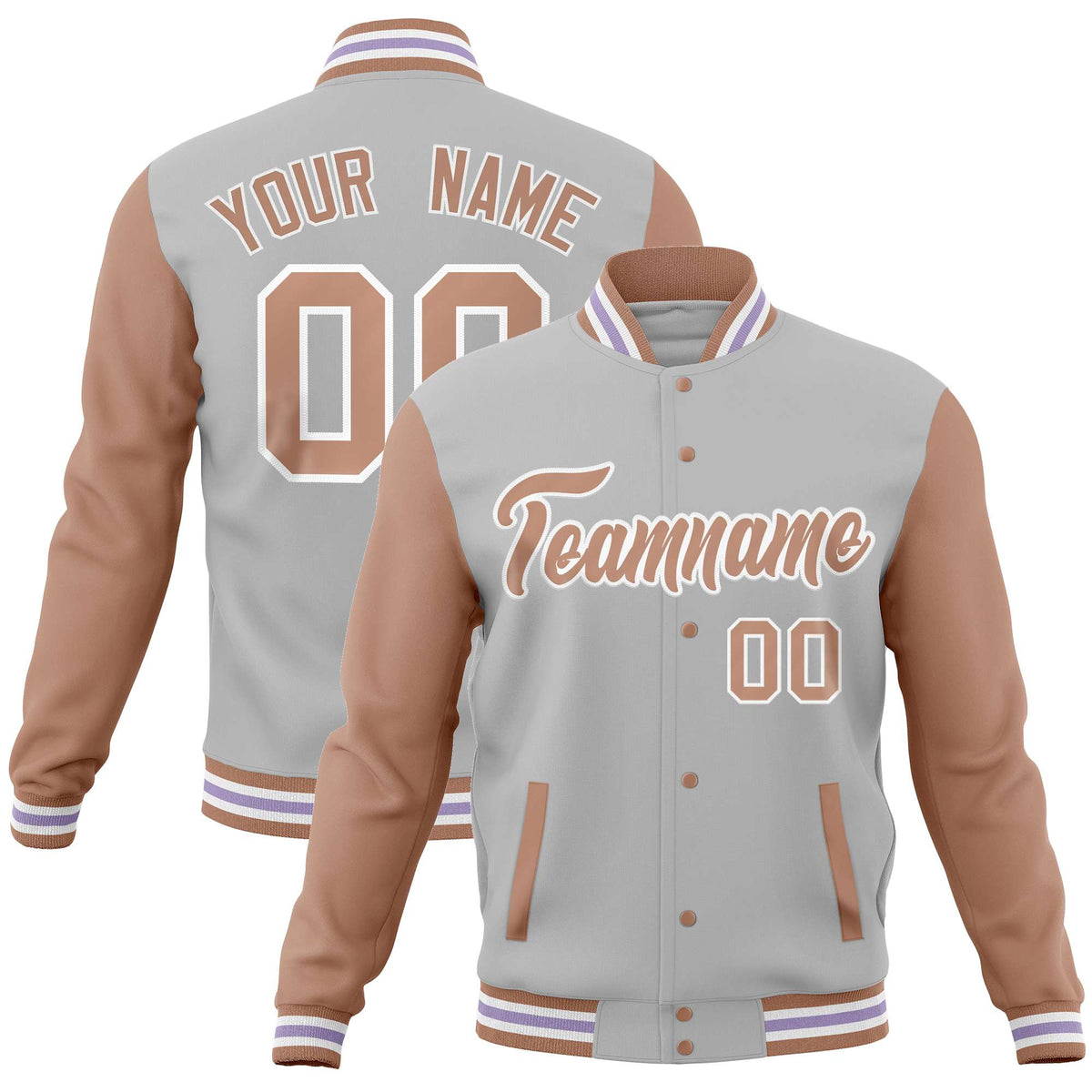 Custom Gray Brown Varsity Full-Snap Raglan Sleeves Letterman Baseball Jacket