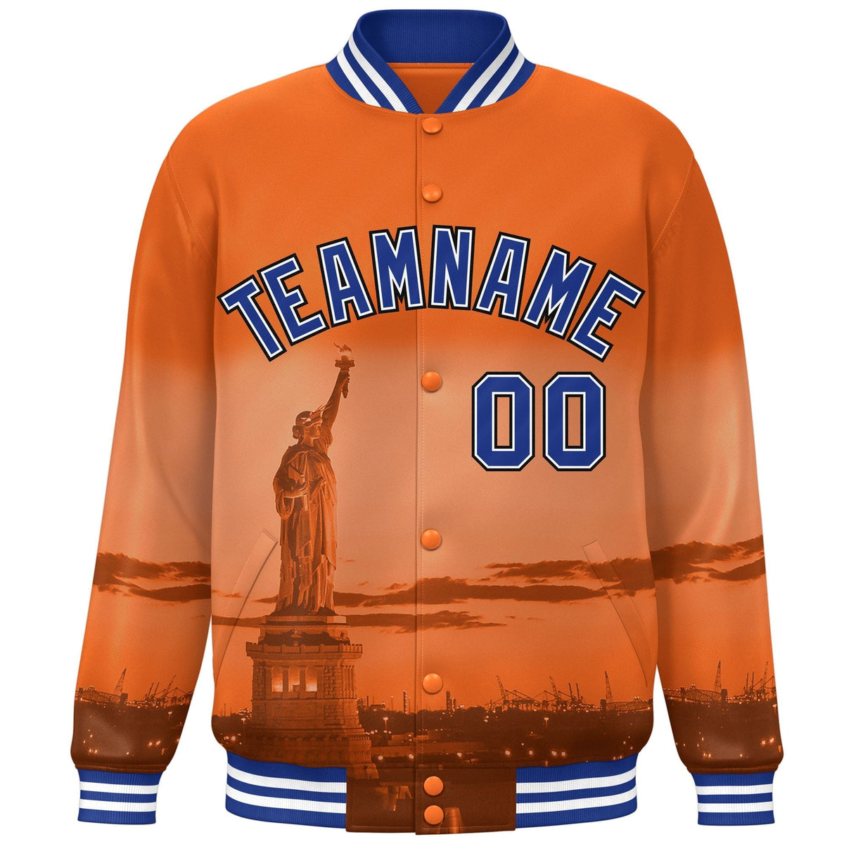 Custom Orange Royal-Black New York City Connect Track Varsity Full-Snap Jacket