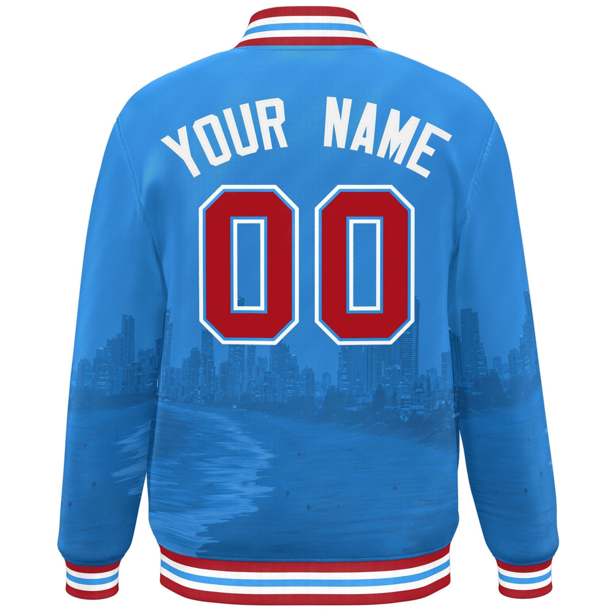 Custom Powder Blue Red-White Miami City Connect Track Varsity Full-Snap Jacket