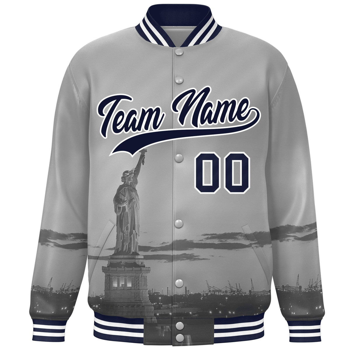 Custom Gray Navy-White New York City Connect Track Varsity Full-Snap Jacket