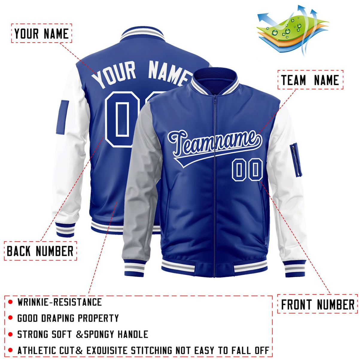 Custom Royal White-Gray Varsity Full-Zip Raglan Sleeves Letterman Bomber Jacket