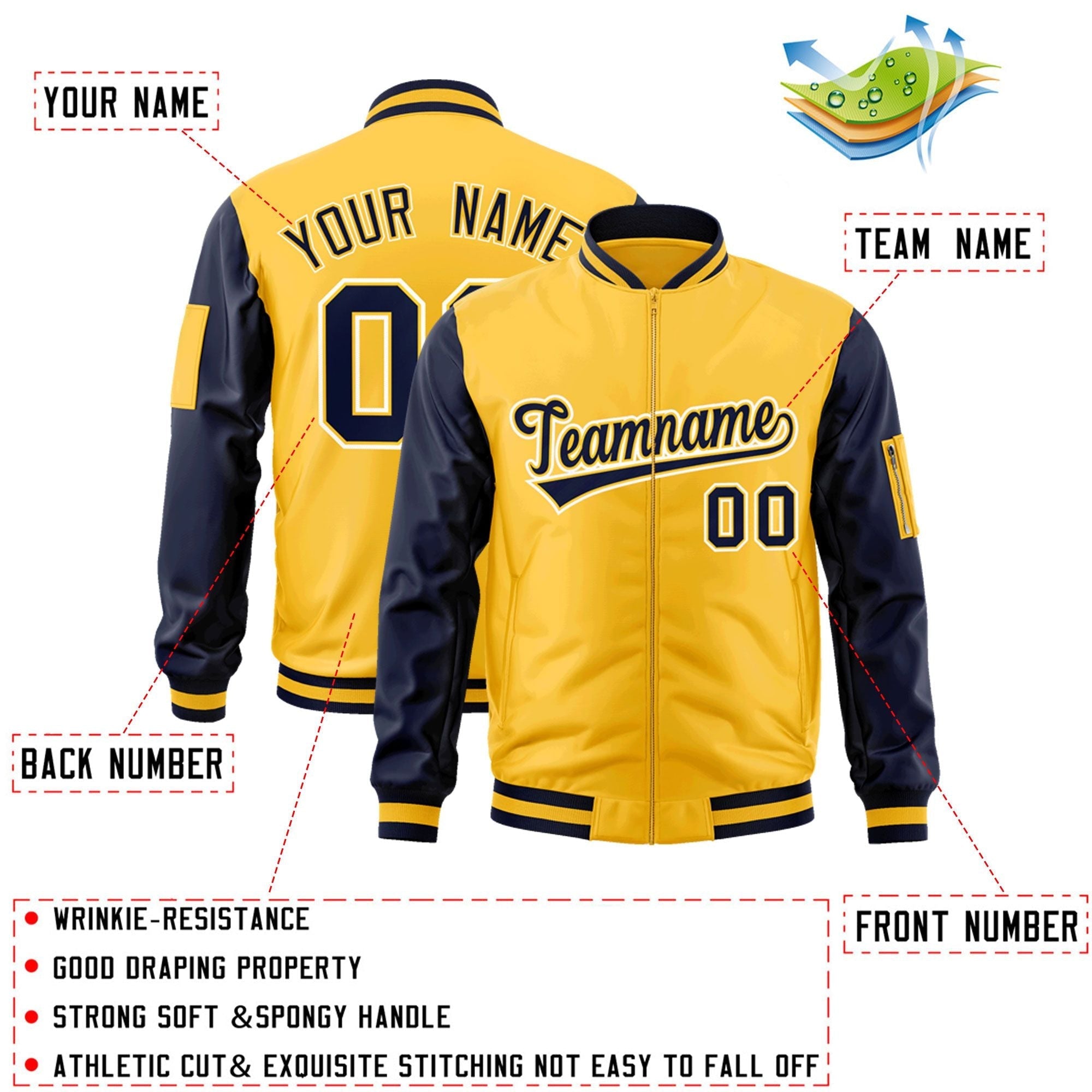 Custom Gold Navy-White Varsity Full-Zip Raglan Sleeves Letterman Bomber Jacket