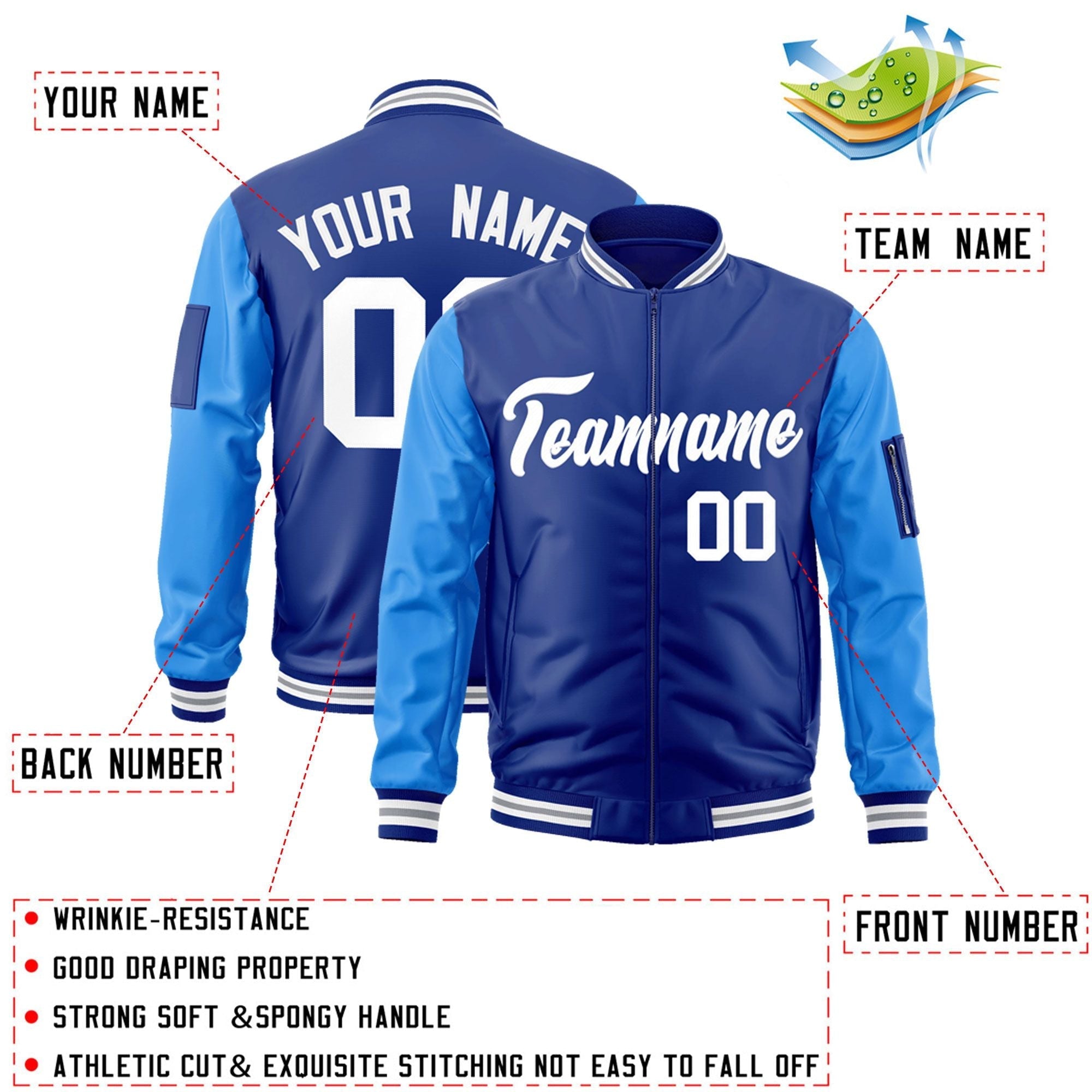 Custom Royal Powder Blue-White Varsity Full-Zip Raglan Sleeves Letterman Bomber Jacket