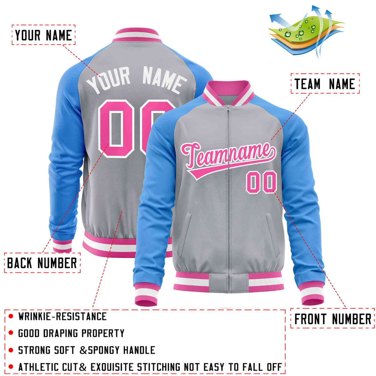 Custom Gray Powder Blue Varsity Full-Zip Raglan Sleeves Letterman Baseball Jacket