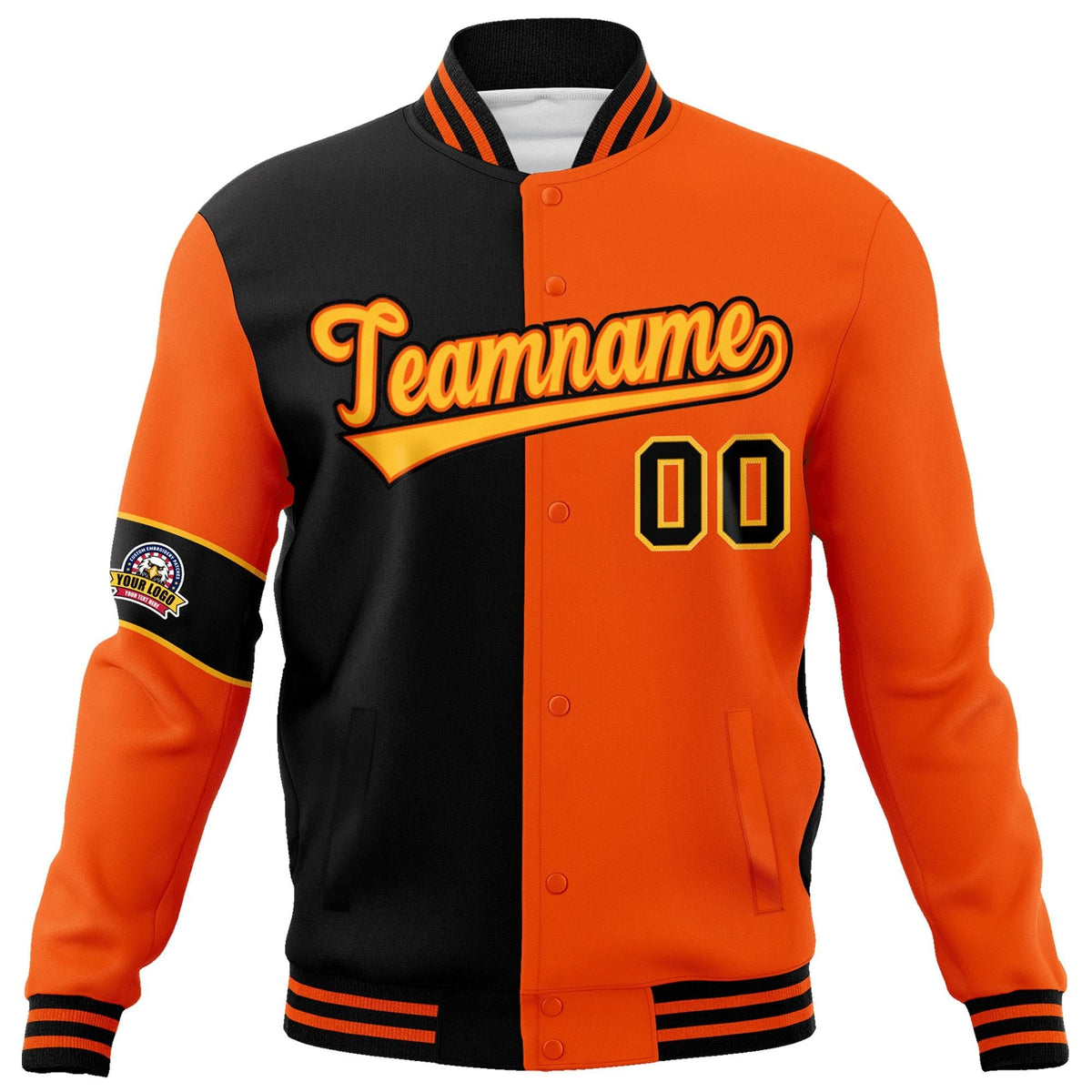 Custom Black Orange-Gold Letterman Two Tone Full-Snap Split Fashion Jacket