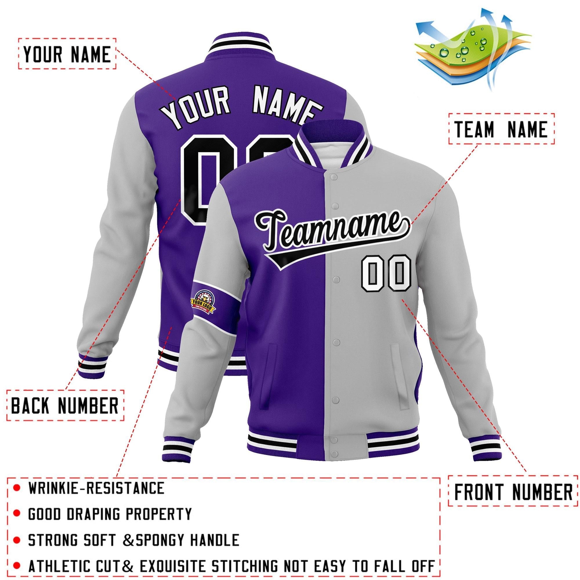 Custom Purple Gray-Black Letterman Two Tone Full-Snap Split Fashion Jacket