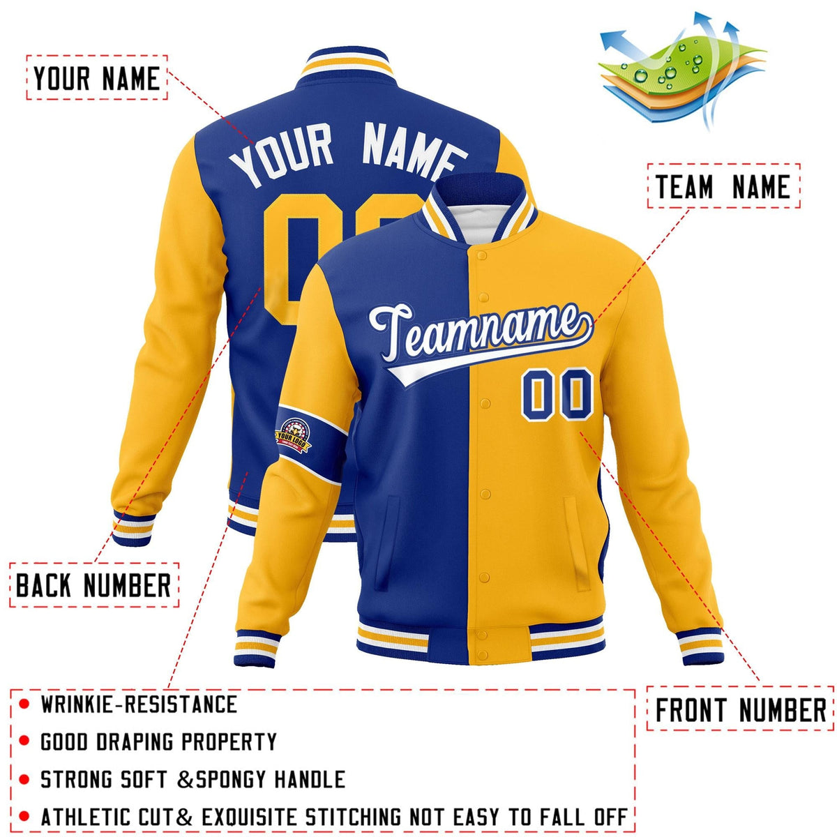 Custom Royal Gold-White Letterman Two Tone Full-Snap Split Fashion Jacket