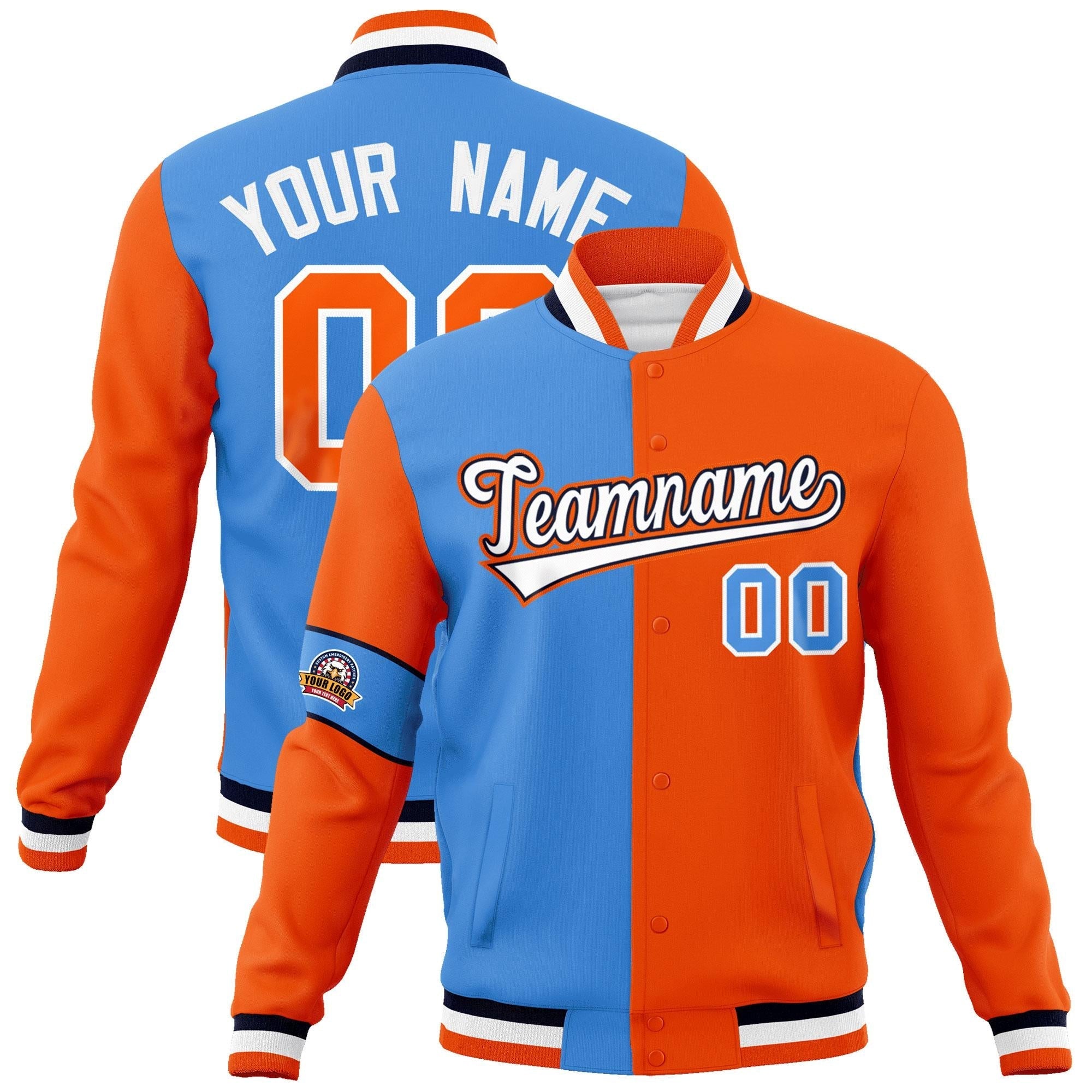 Custom Powder Blue Orange-White Letterman Two Tone Full-Snap Split Fashion Jacket