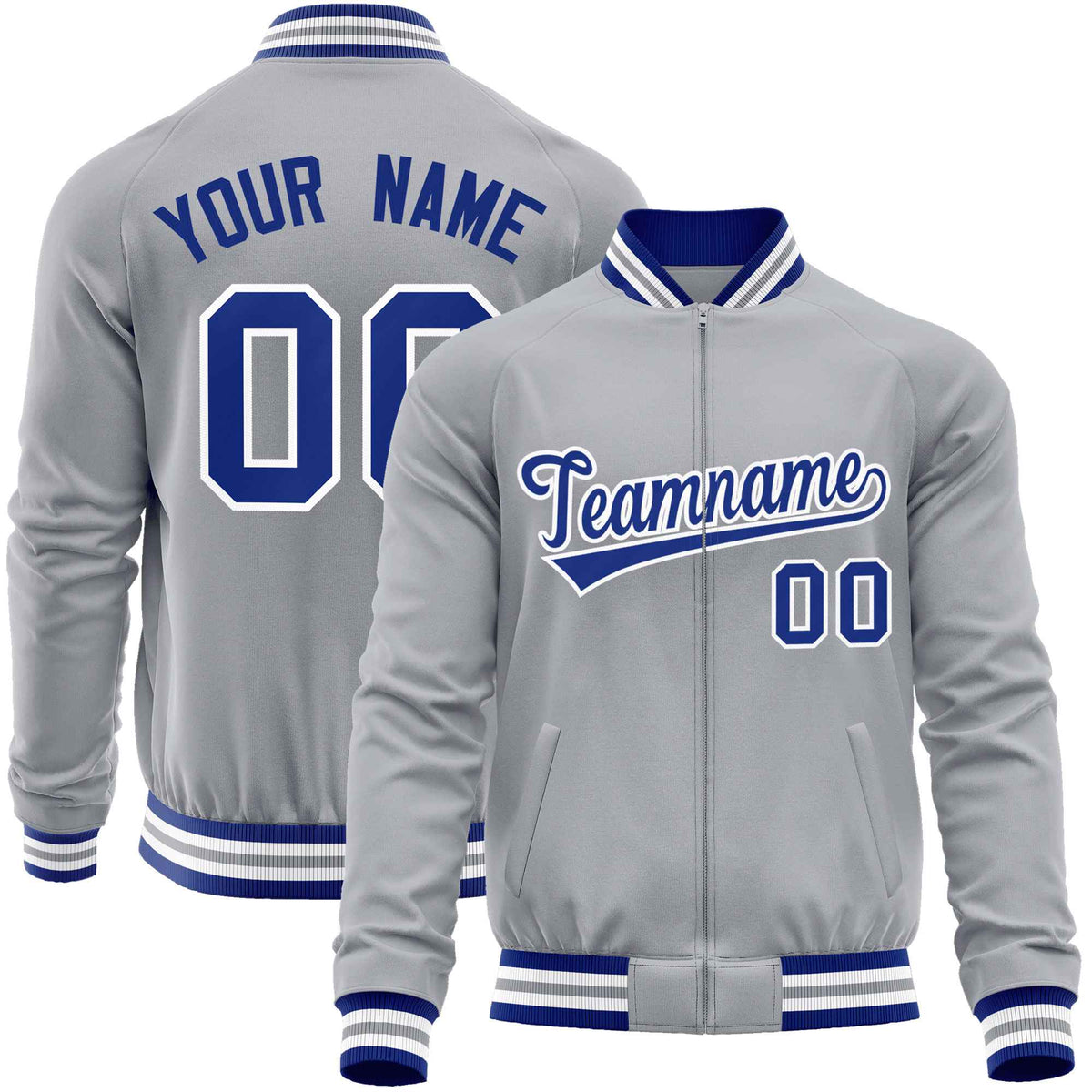 Custom Gray Royal Classic Style Varsity Full-Zip Letterman Baseball Jacket