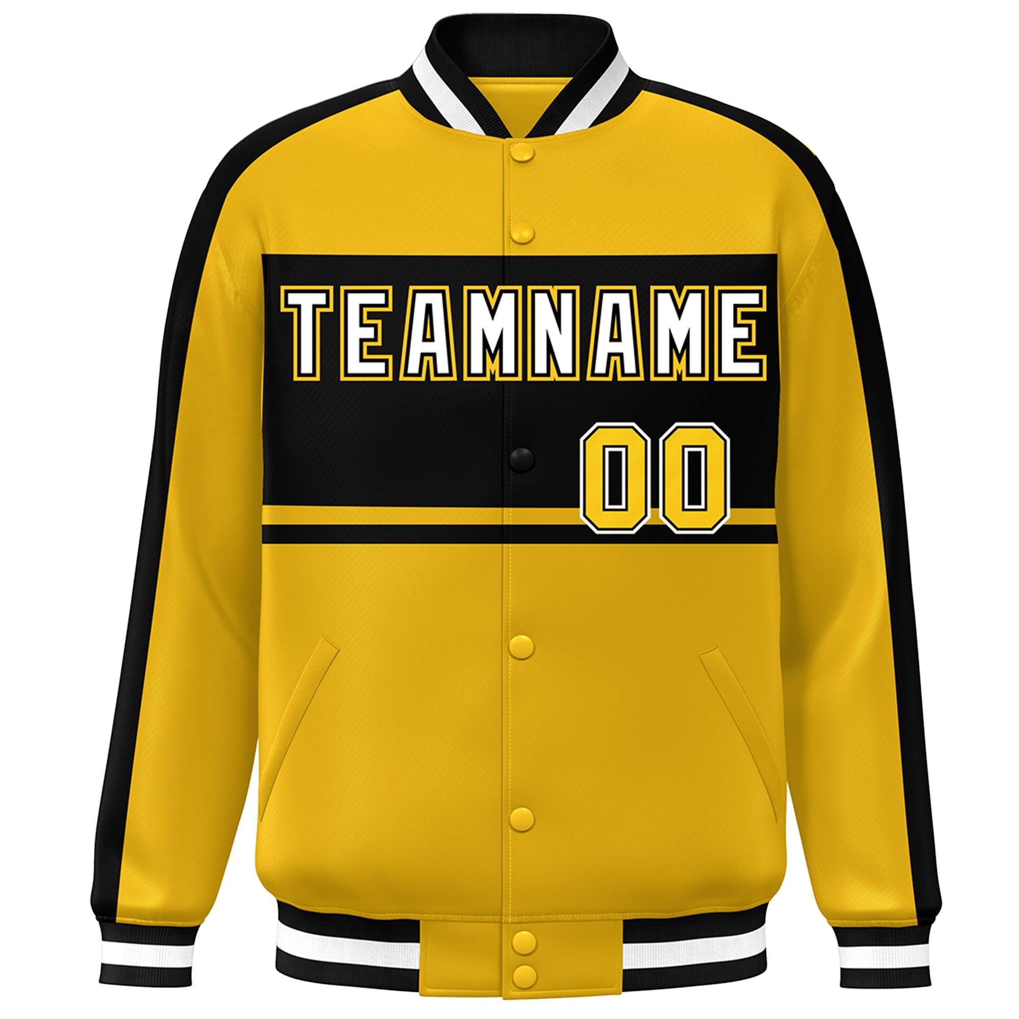 Custom Gold Black-White Color Block Bomber Varsity Baseball Jacket
