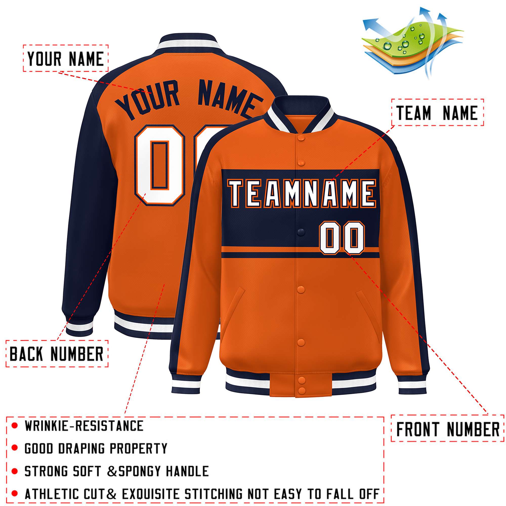 Custom Orange Navy-White Color Block Bomber Varsity Baseball Jacket