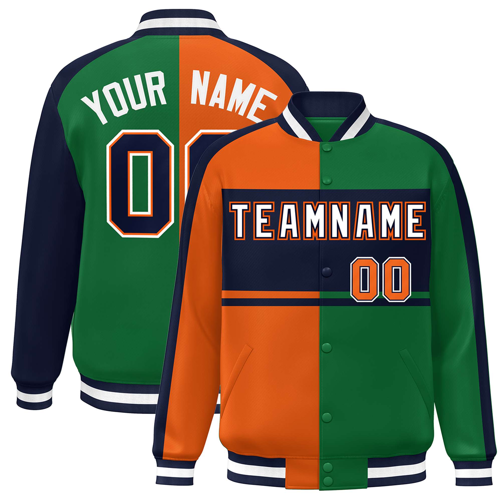 Custom Orange Green Navy-White Color Block Bomber Varsity Baseball Jacket