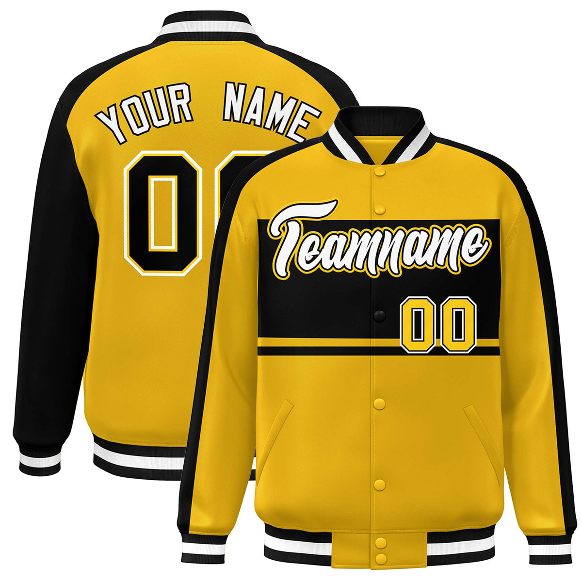 Custom Gold Black-White Color Block Bomber Varsity Baseball Jacket