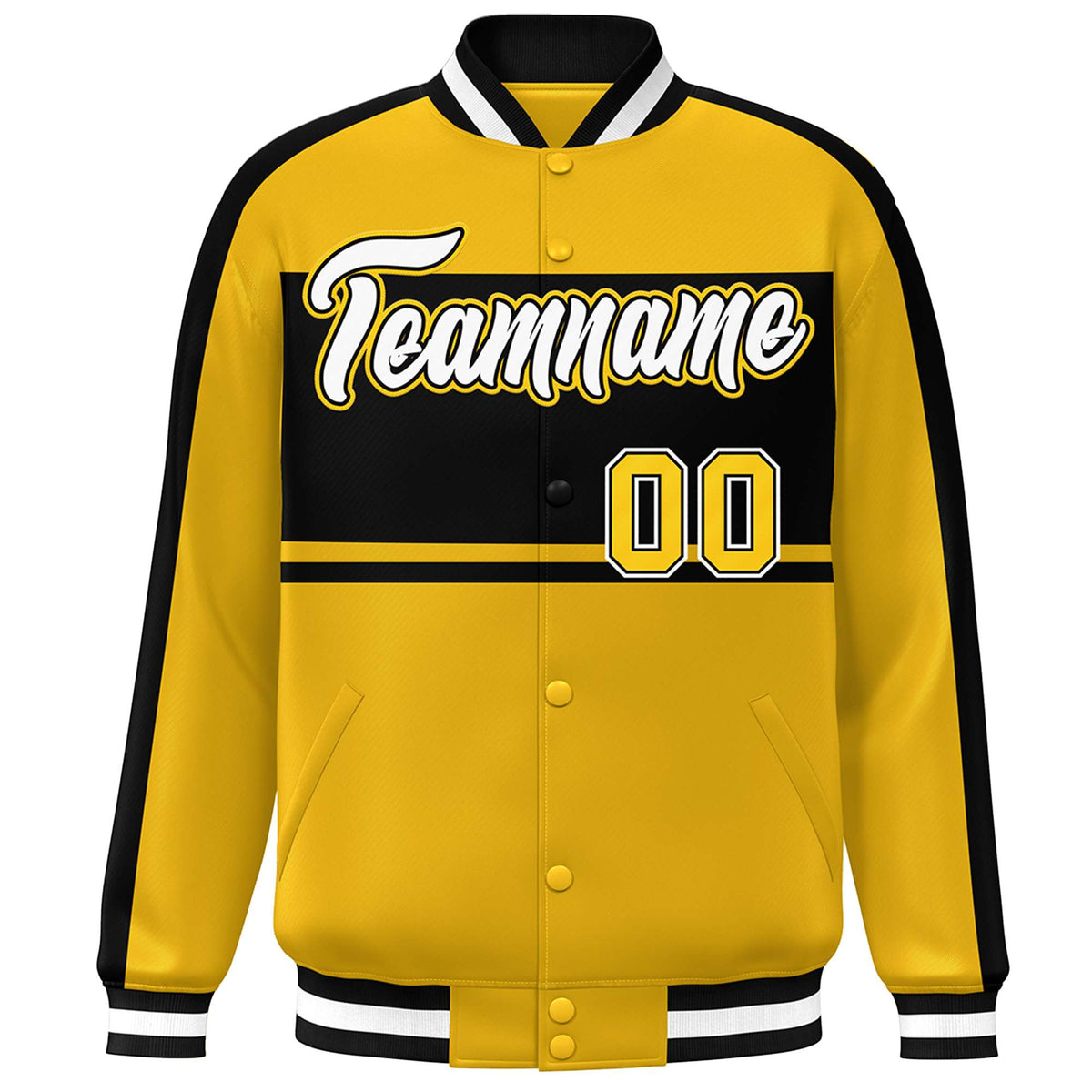 Custom Gold Black-White Color Block Bomber Varsity Baseball Jacket
