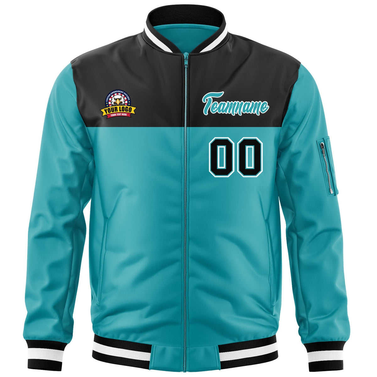 Custom Black Aqua Varsity Full-Zip Color Block Letterman Bomber Jacket
