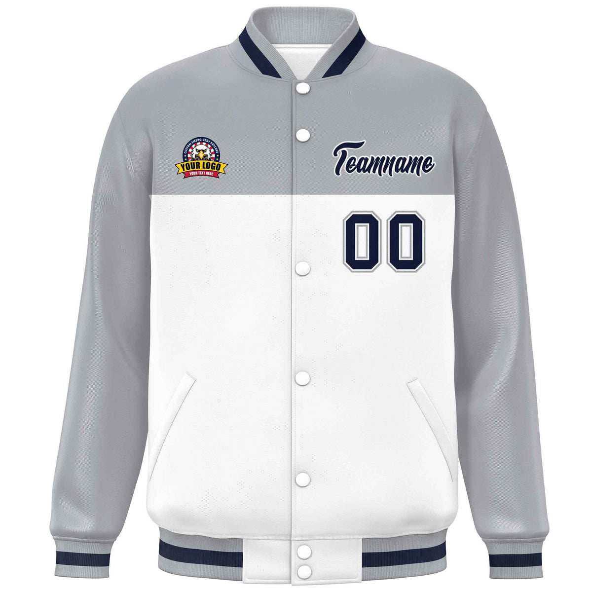Custom Gray White-Navy Varsity Full-Snap Color Block Lettermen Baseball Jacket