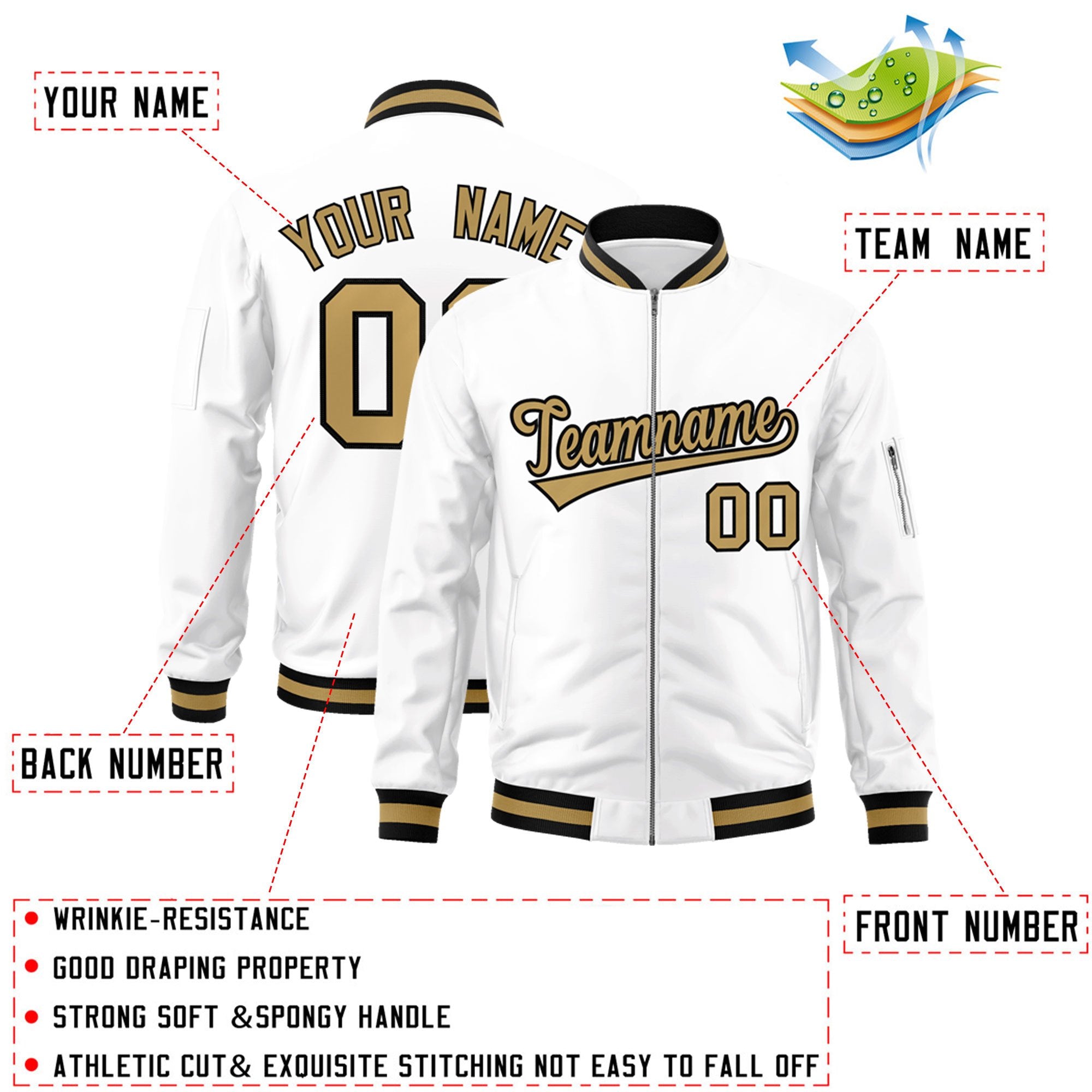 Custom White Old Gold-Black Varsity Full-Zip Letterman Bomber Jacket