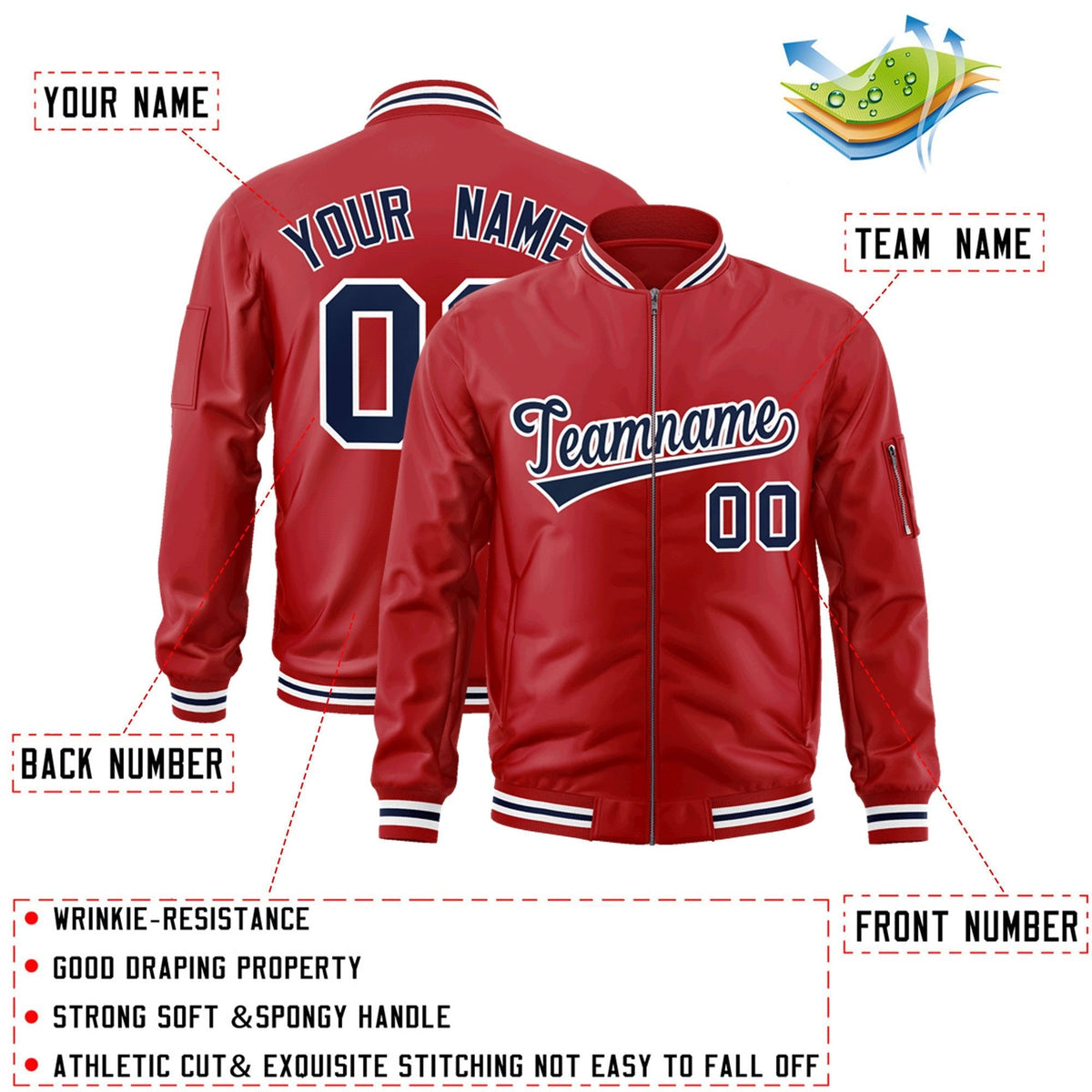 Custom Red Navy-White Varsity Full-Zip Letterman Bomber Jacket