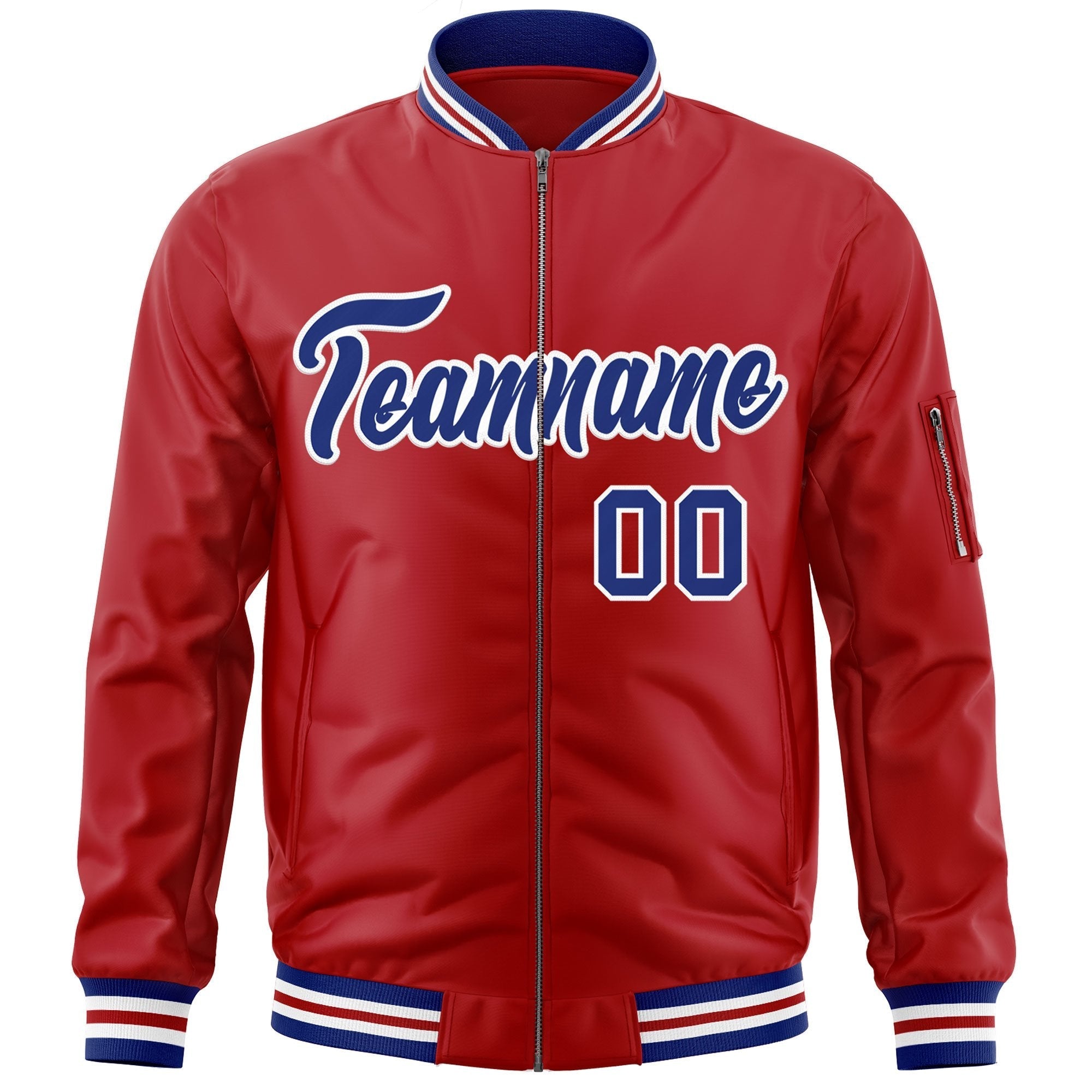 Custom Red Royal-White Varsity Full-Zip Letterman Bomber Jacket