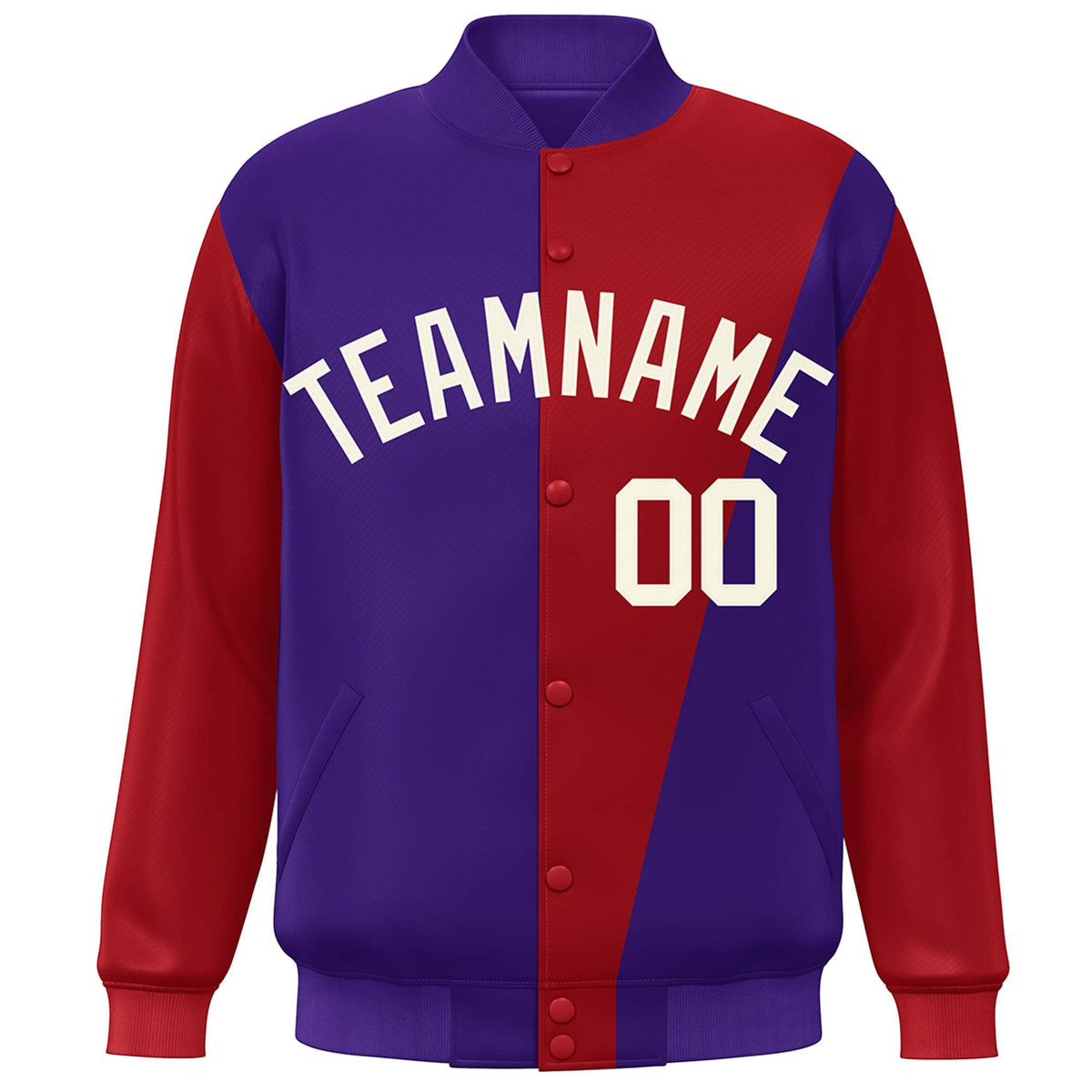 Custom Purple Crimson-White Color Block Varsity Full-Snap Bomber Jacket