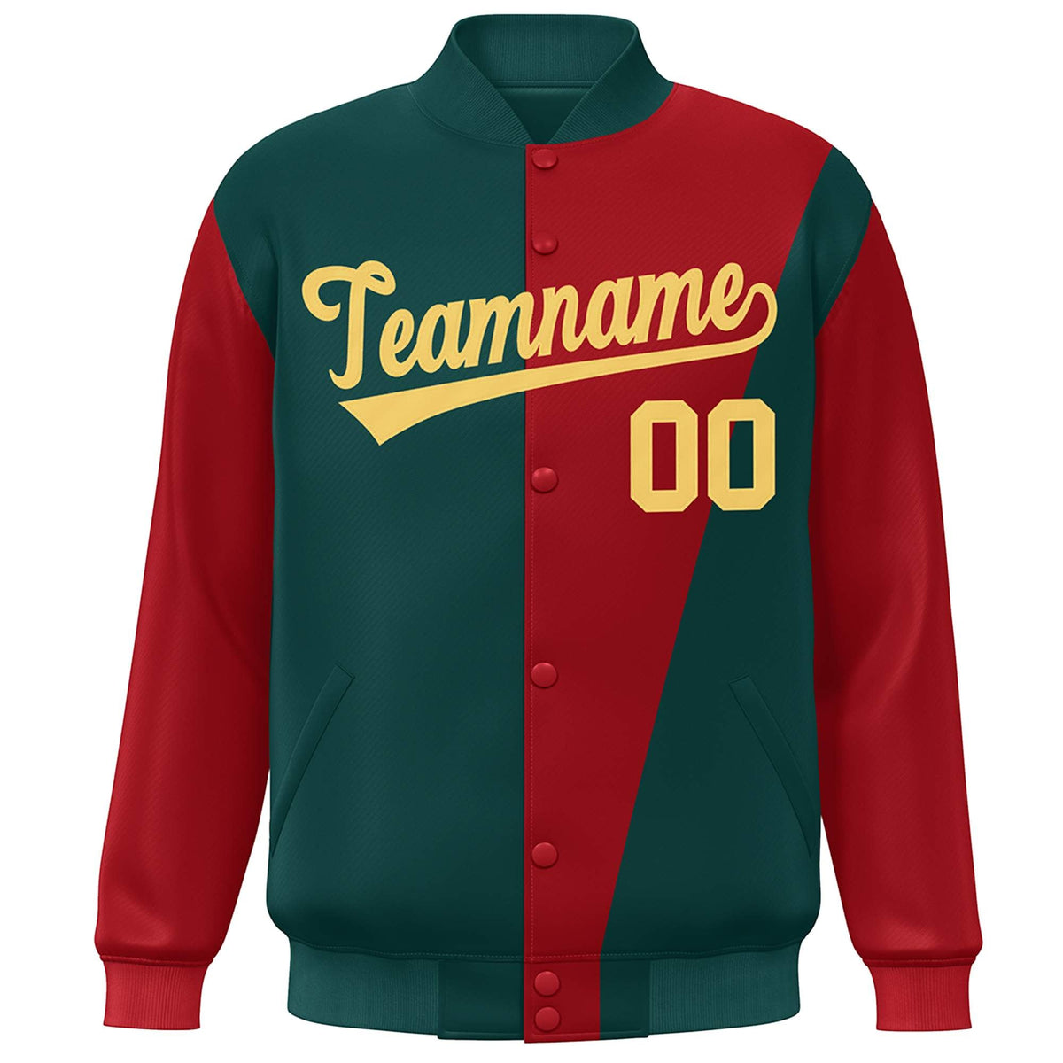 Custom Midnight Green Red-Khaki Color Block Varsity Full-Snap Bomber Jacket