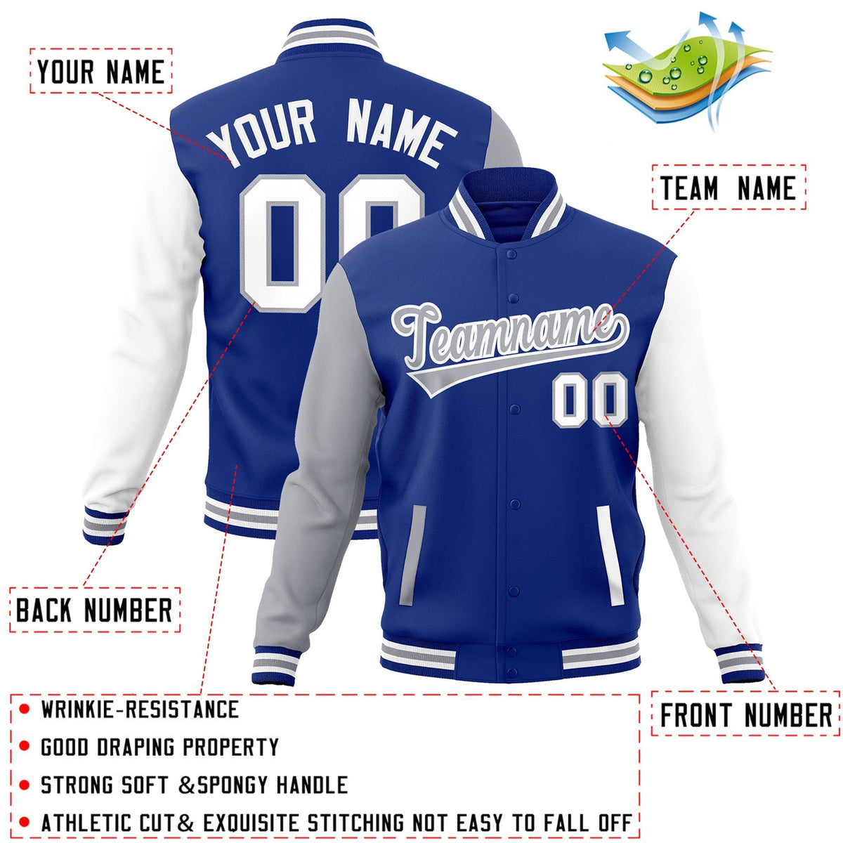 Custom Royal Gray-White Raglan Sleeves Varsity Full-Snap Letterman Jacket