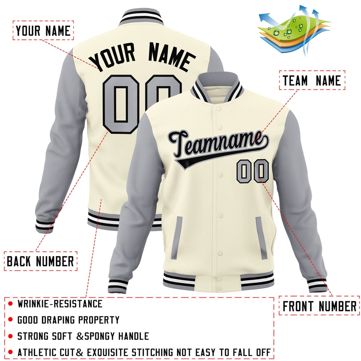 Custom Khaki Black-Gray Raglan Sleeves Varsity Full-Snap Letterman Jacket