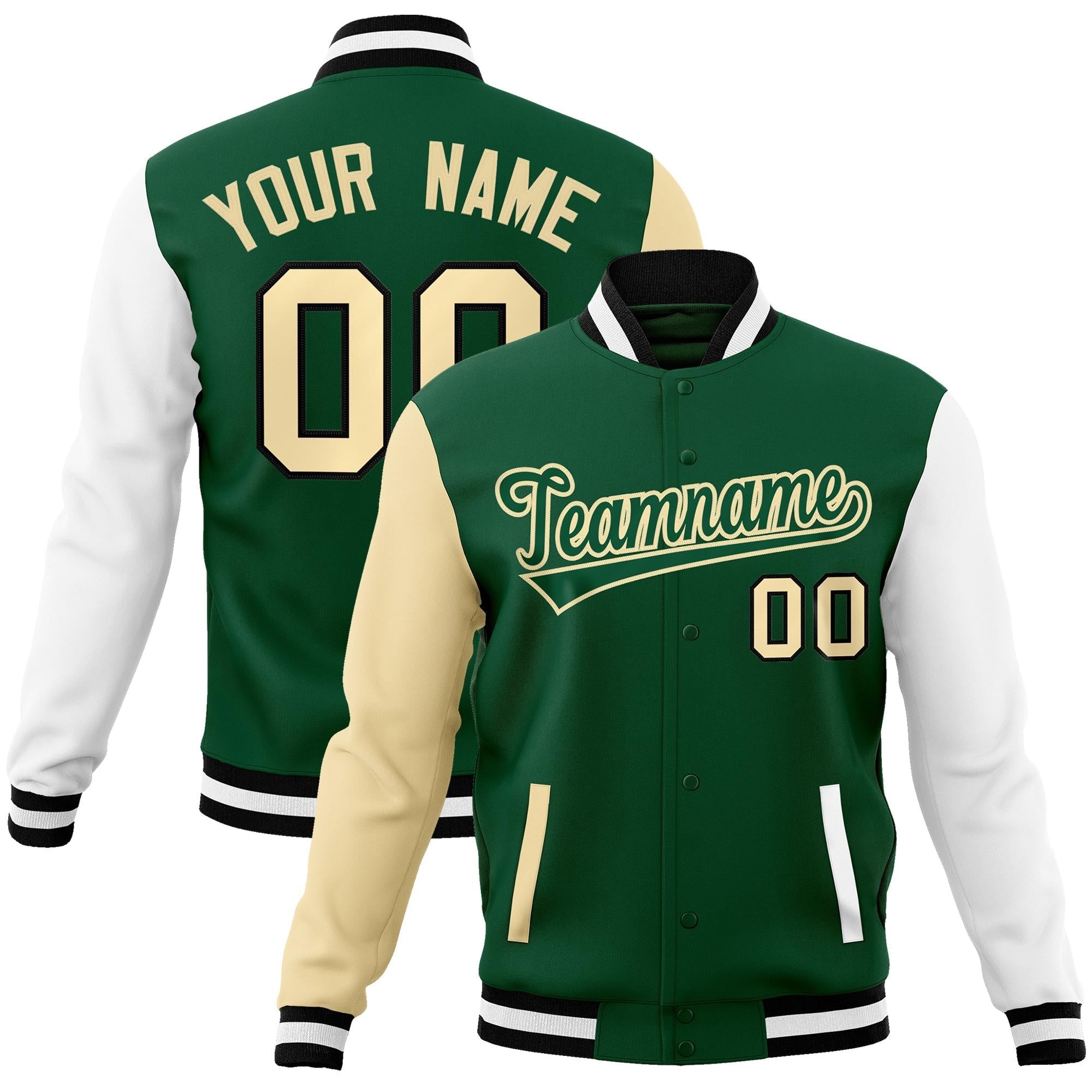 Custom Green Green-Khaki Raglan Sleeves Varsity Full-Snap Letterman Jacket