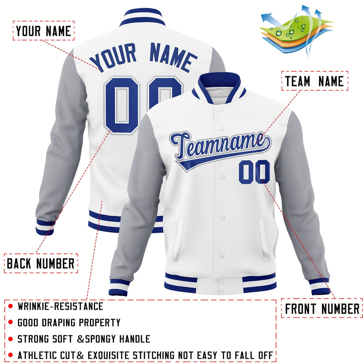 Custom White Royal-White Raglan Sleeves Varsity Full-Snap Letterman Jacket