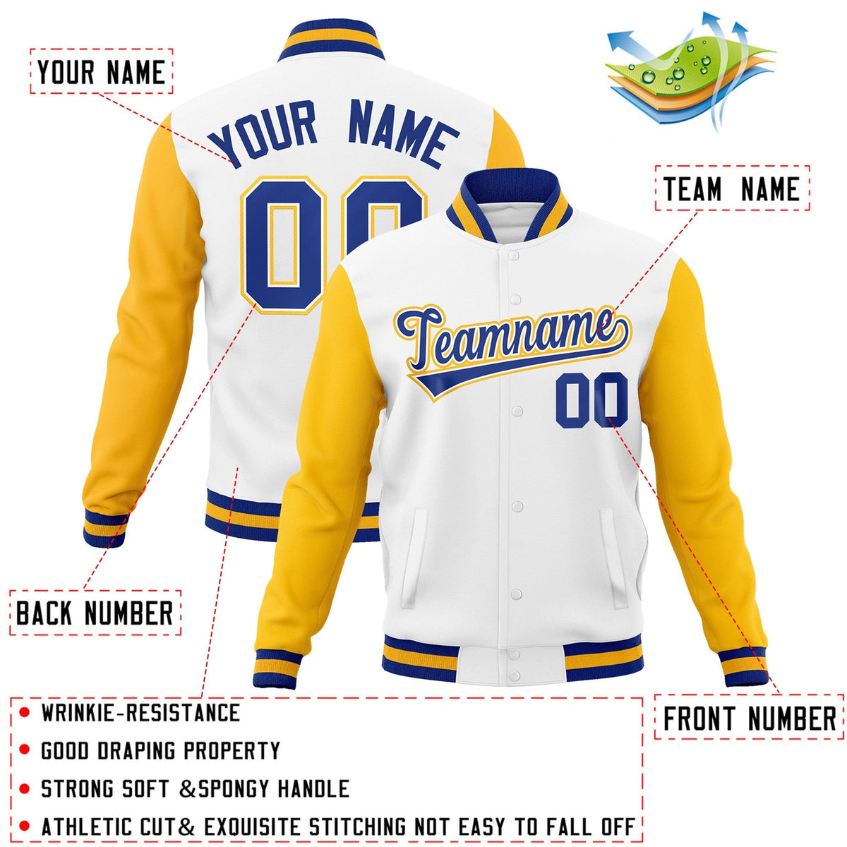 Custom White Royal-White Raglan Sleeves Varsity Full-Snap Letterman Jacket
