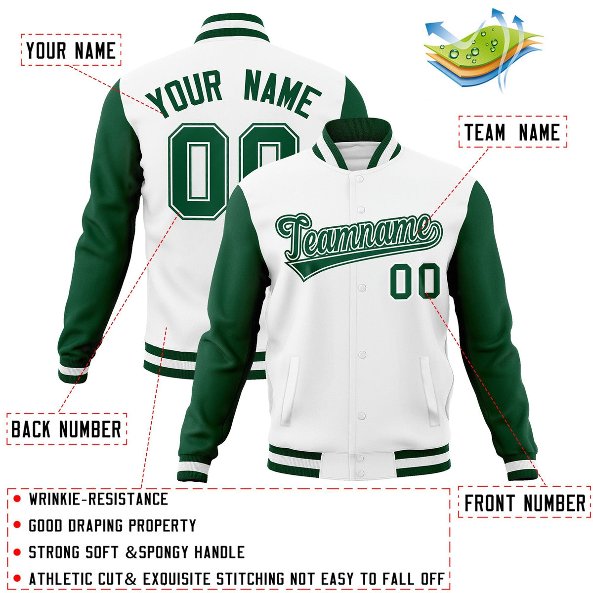 Custom White Green-White Raglan Sleeves Varsity Full-Snap Letterman Jacket