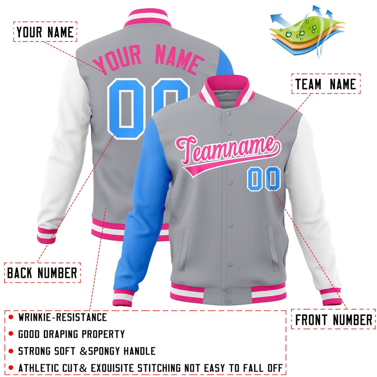 Custom Gray Pink-White Raglan Sleeves Varsity Full-Snap Letterman Jacket