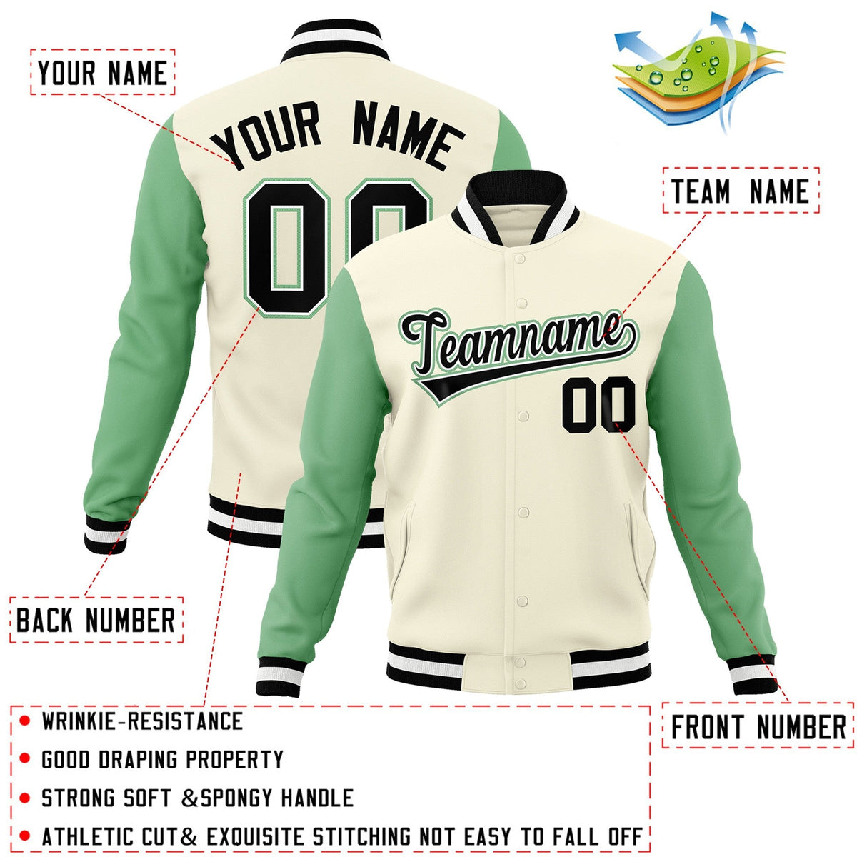 Custom Khaki Black-White Raglan Sleeves Varsity Full-Snap Letterman Jacket
