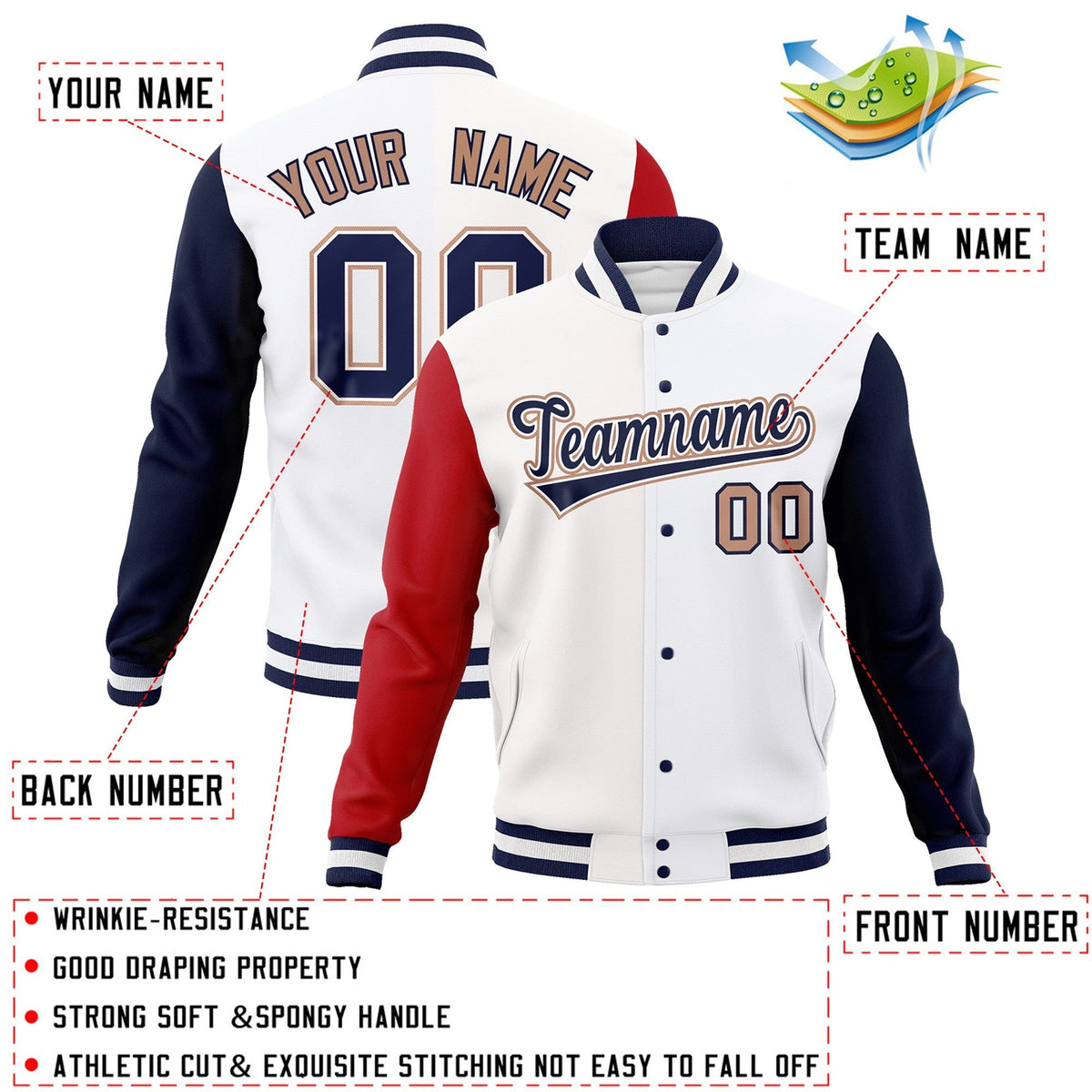 Custom White Navy-White Raglan Sleeves Varsity Full-Snap Letterman Jacket