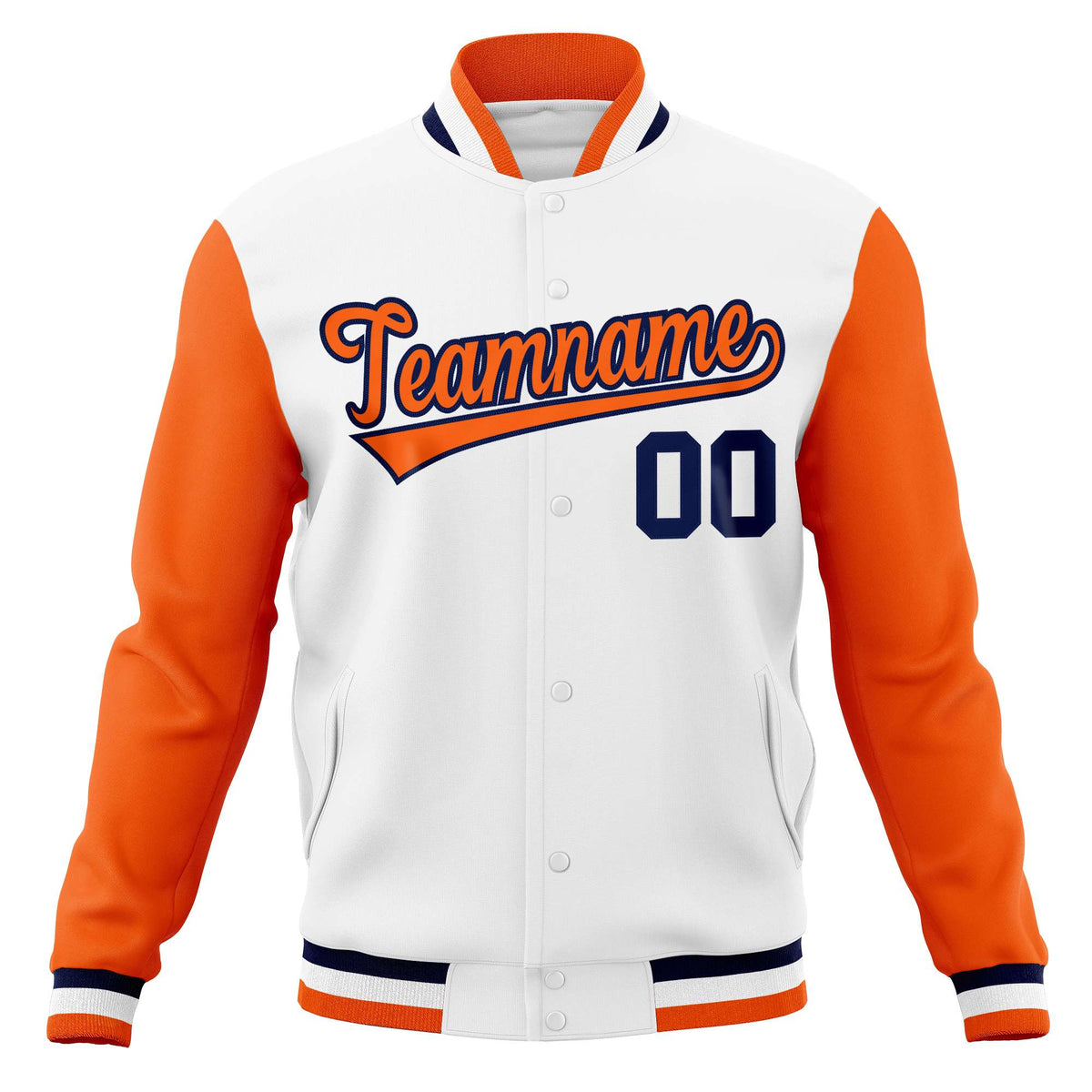 Custom White Orange-Navy Varsity Full-Snap Raglan Sleeves Letterman Baseball Jacket