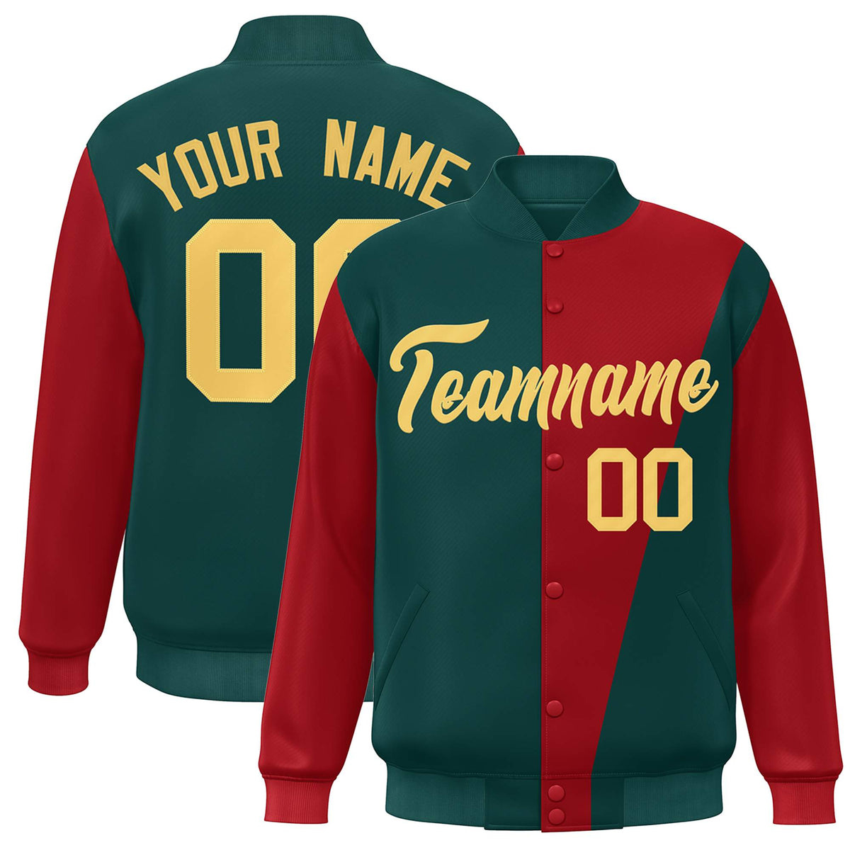 Custom Midnight Green Red-Khaki Color Block Varsity Full-Snap Bomber Jacket