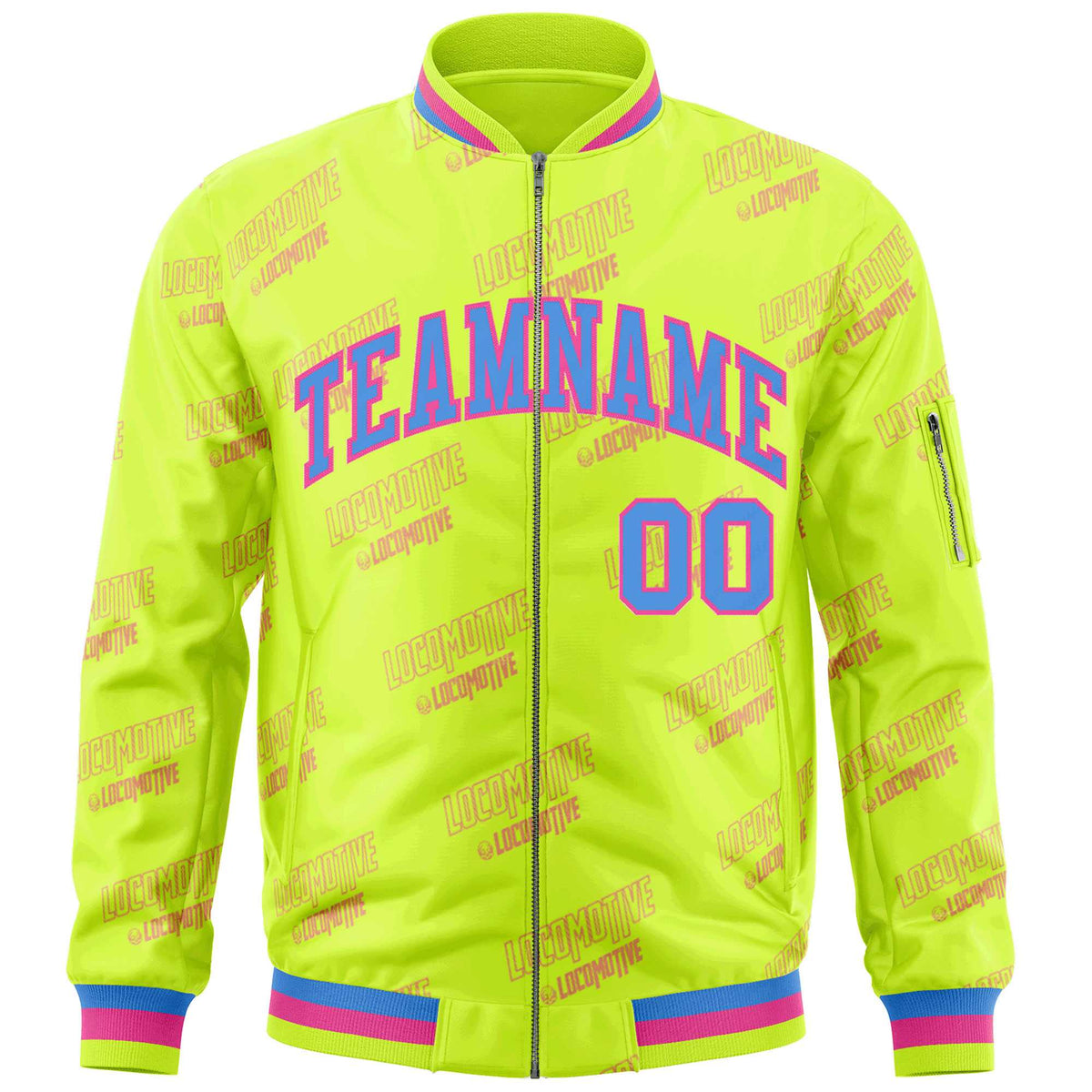Custom Neon Green Powder Blue-Pink Letter Full-Zip Varsity Bomber Jacket