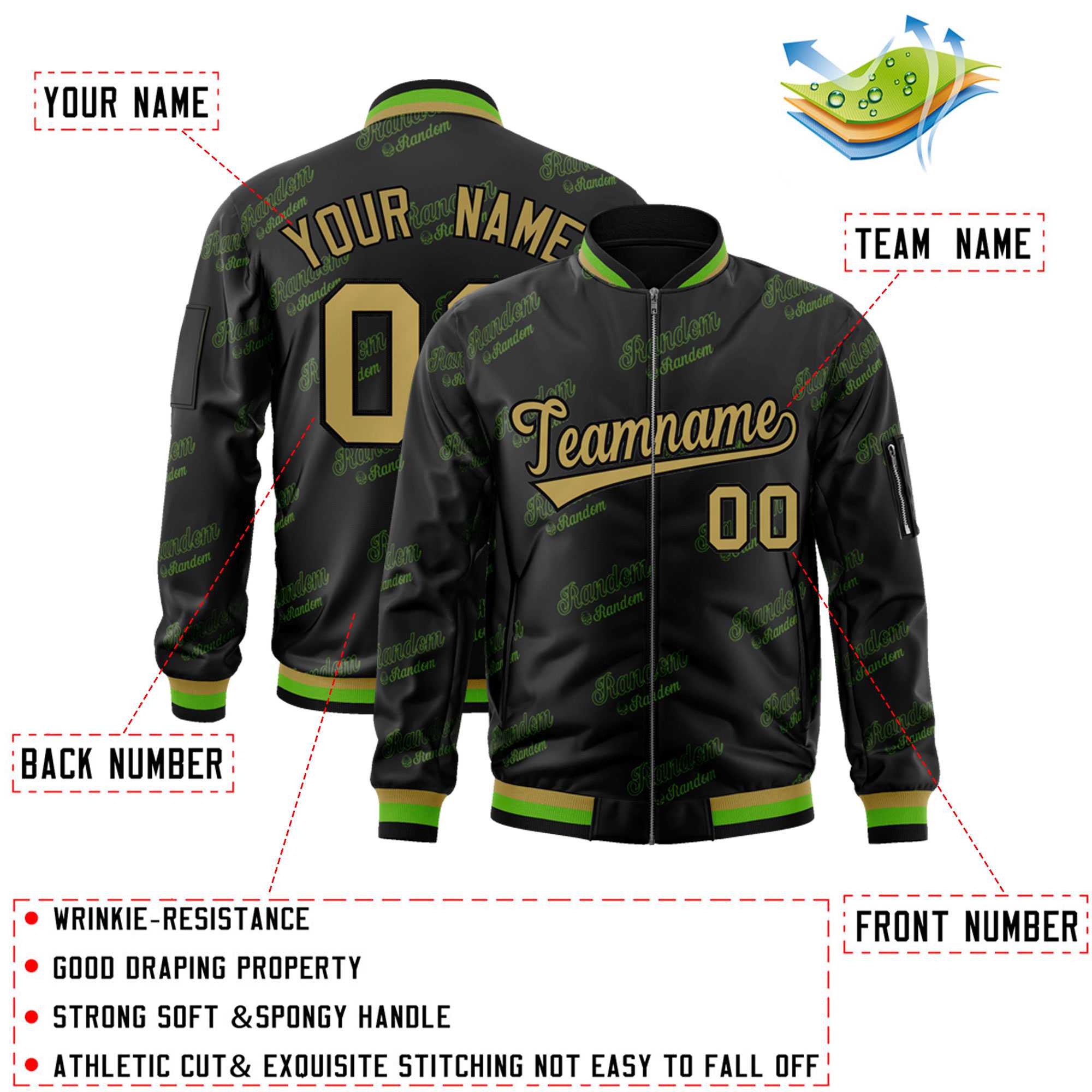 Custom Black Desert Yellow Letter Full-Zip Varsity Bomber Jacket